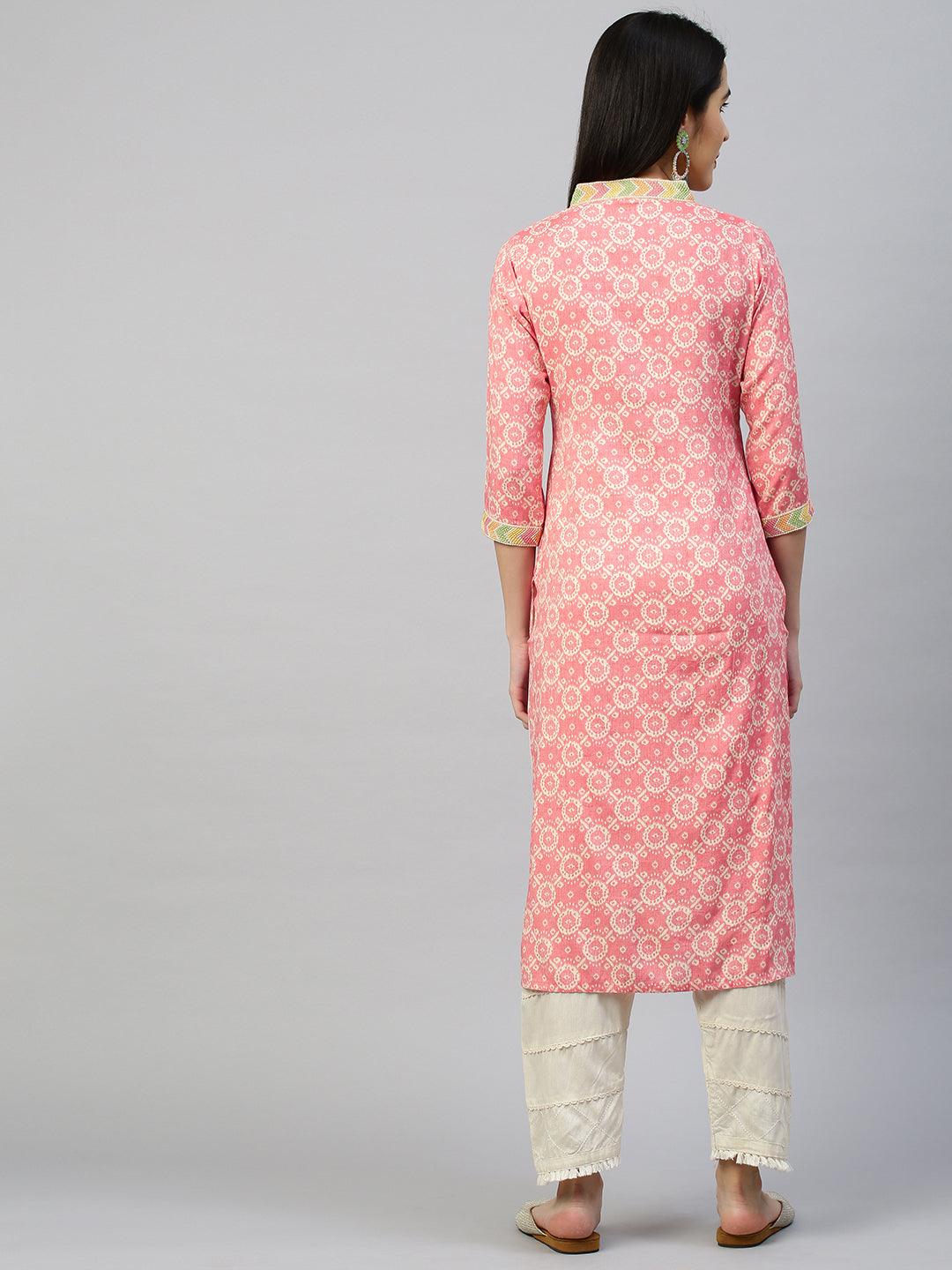 Ethnic Printed Straight Kurta - Peach - Indiakreations