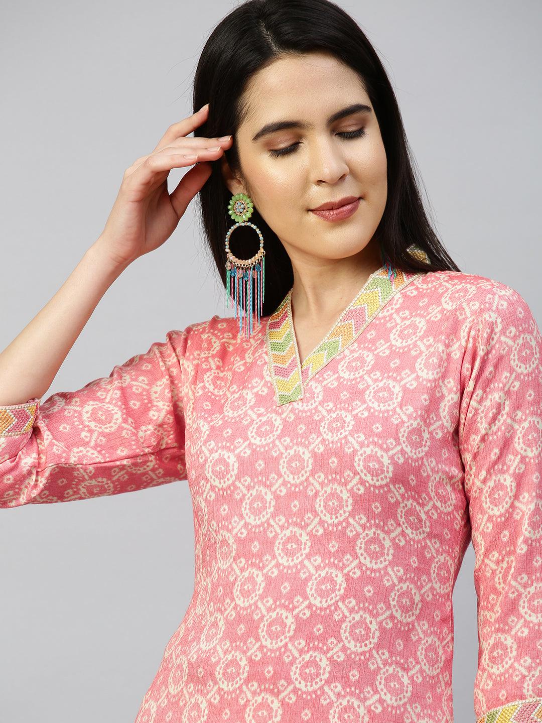 Ethnic Printed Straight Kurta - Peach - Indiakreations