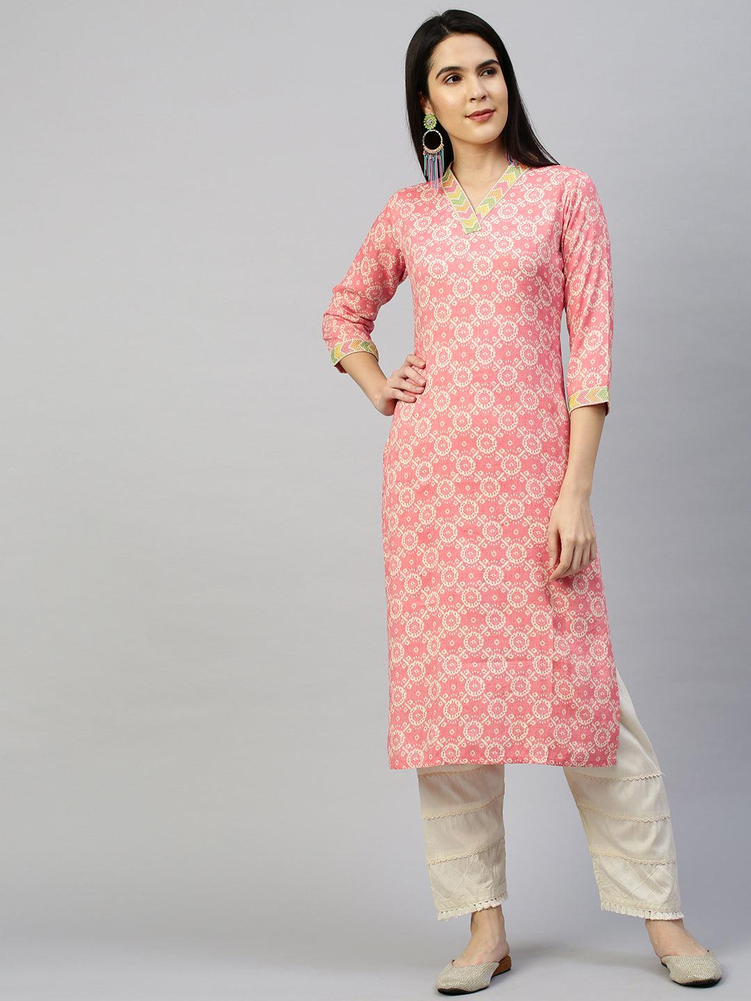 Ethnic Printed Straight Kurta - Peach - Indiakreations