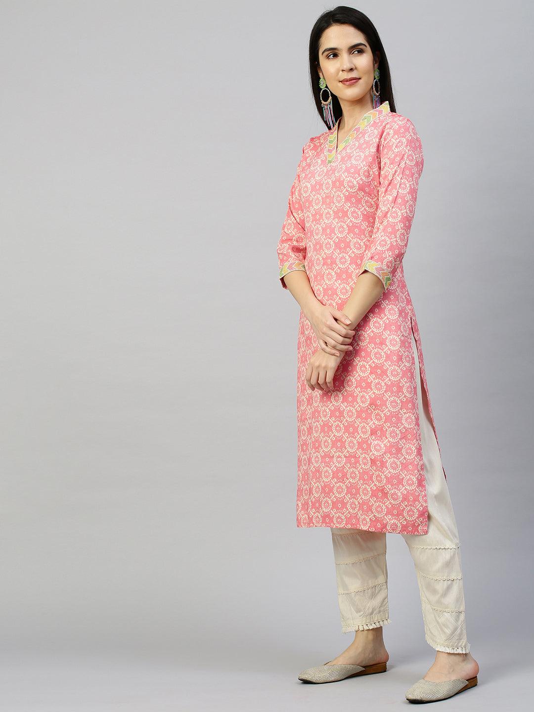 Ethnic Printed Straight Kurta - Peach - Indiakreations