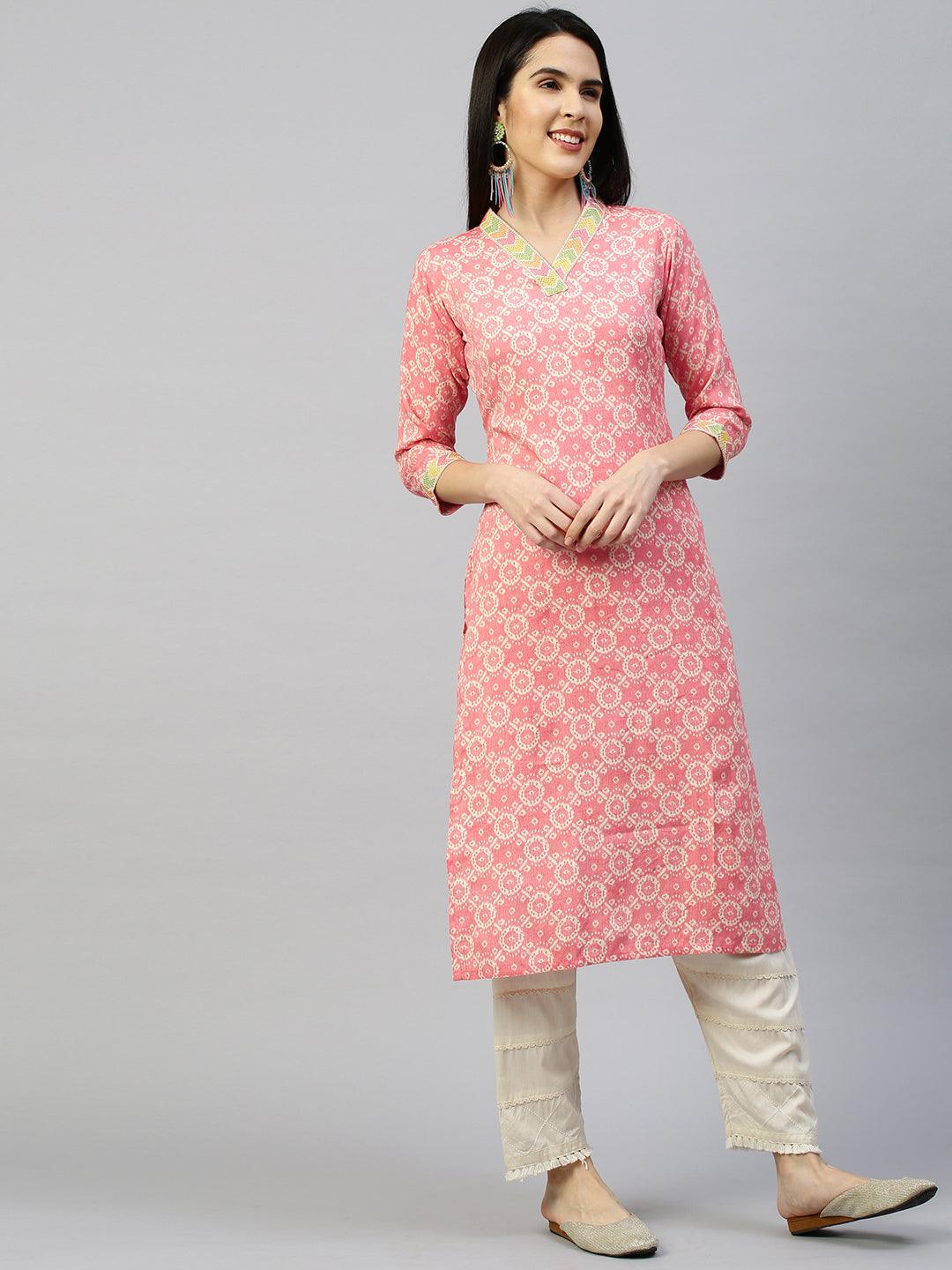 Ethnic Printed Straight Kurta - Peach - Indiakreations