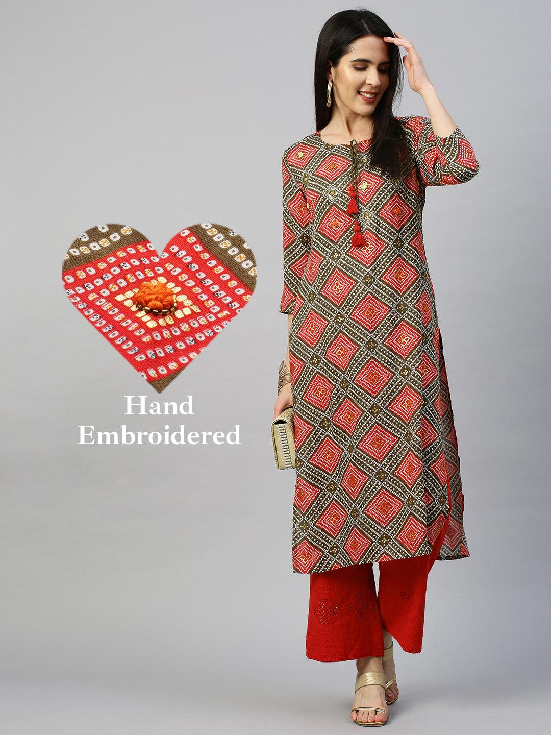 Bandhej Printed & Embroidered Kurta - Multi - Indiakreations