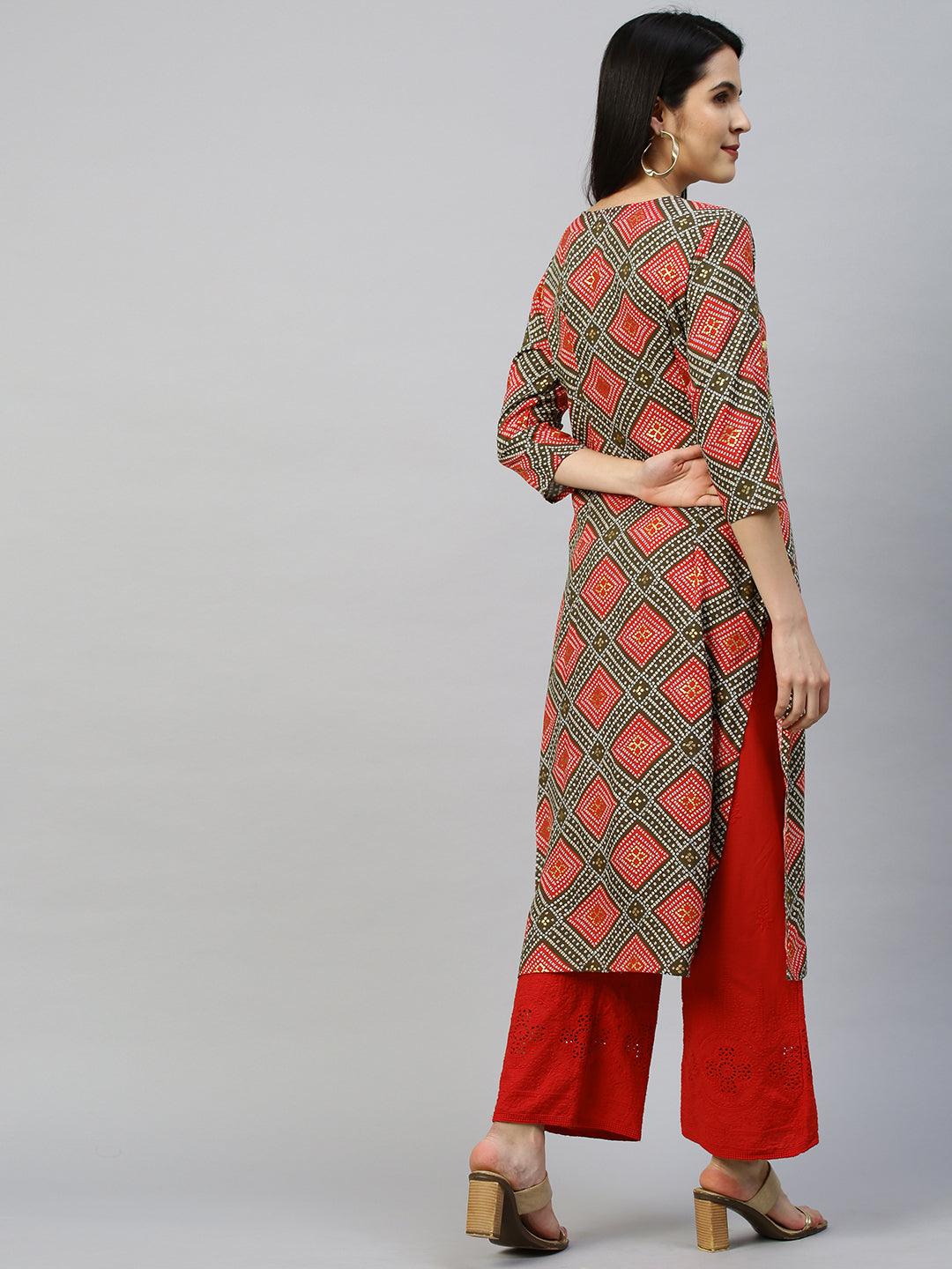 Bandhej Printed & Embroidered Kurta - Multi - Indiakreations