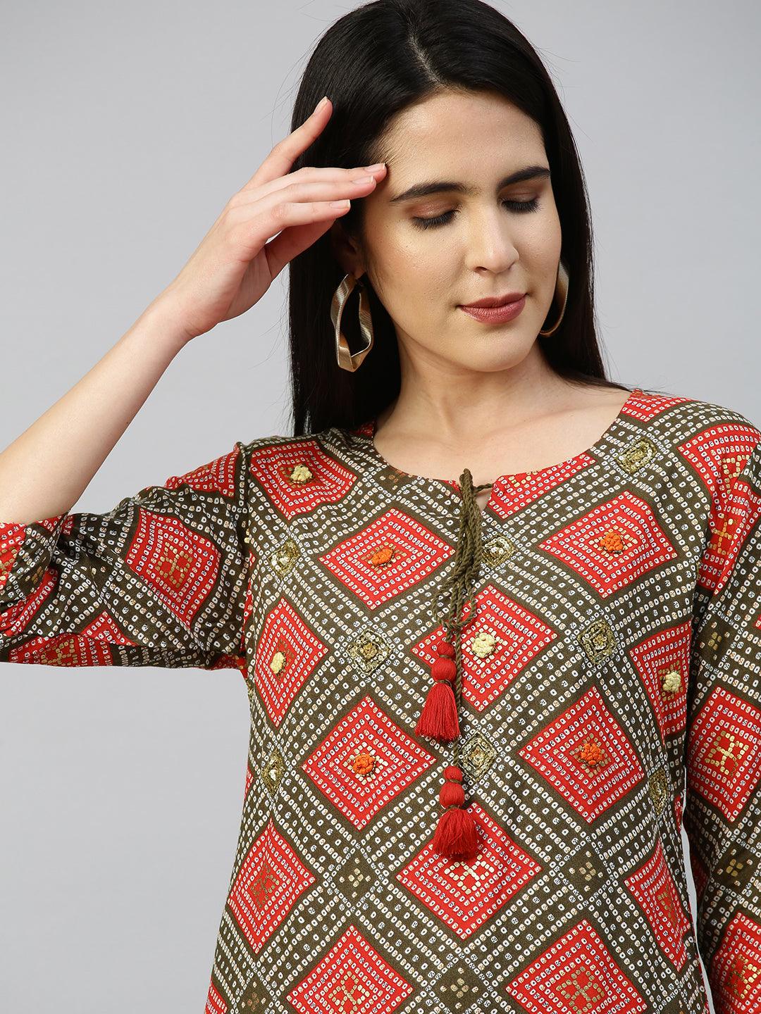 Bandhej Printed & Embroidered Kurta - Multi - Indiakreations