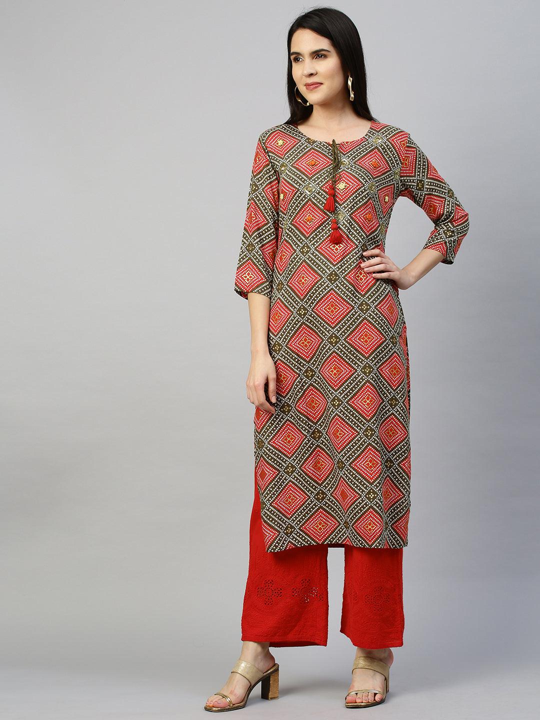 Bandhej Printed & Embroidered Kurta - Multi - Indiakreations