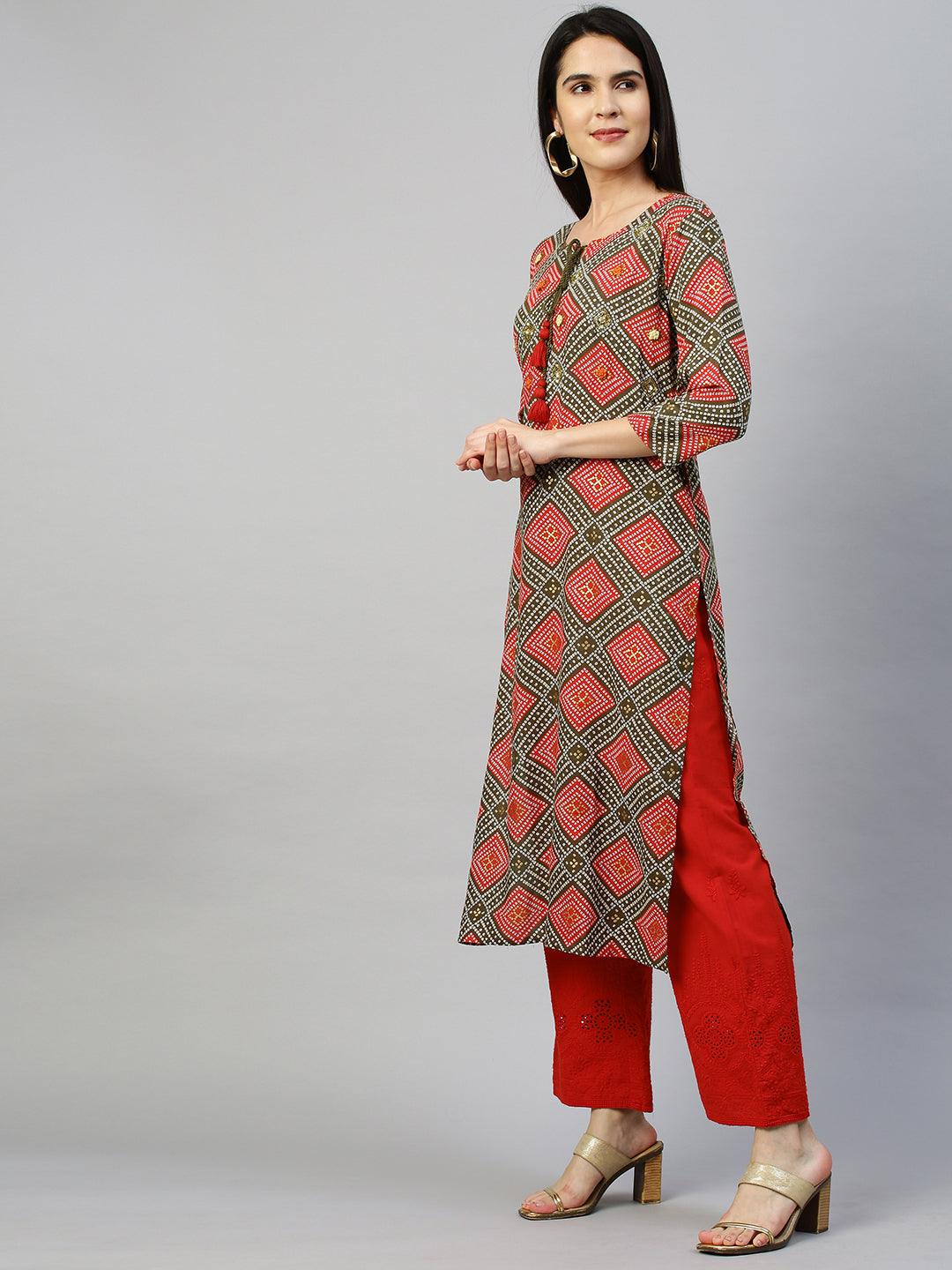 Bandhej Printed & Embroidered Kurta - Multi - Indiakreations