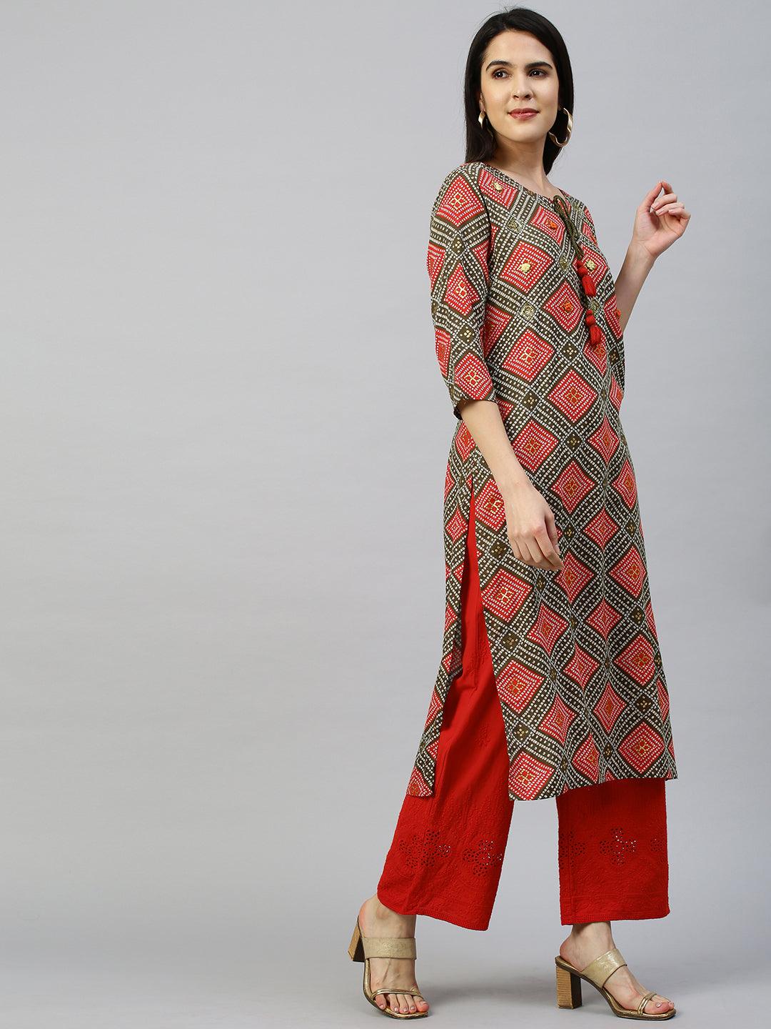 Bandhej Printed & Embroidered Kurta - Multi - Indiakreations