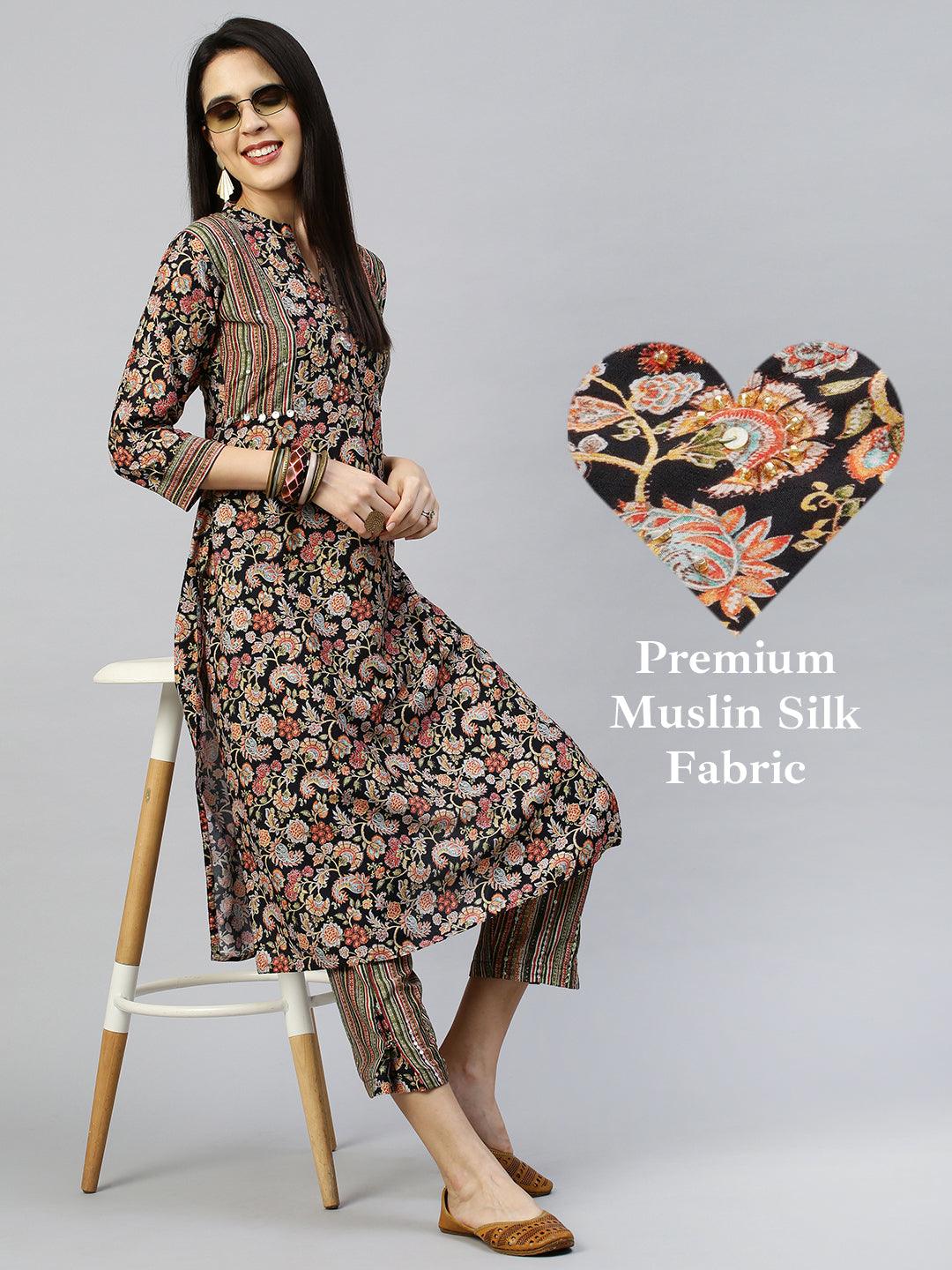 Jacobean Floral Printed Kurta with Pant - Black - Indiakreations