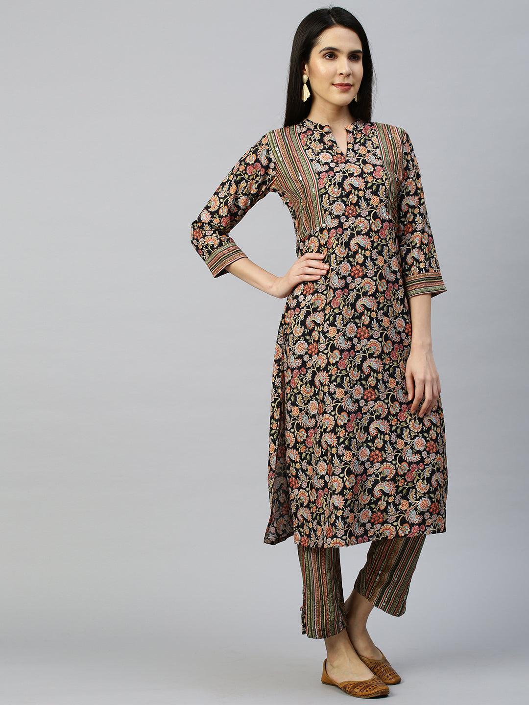 Jacobean Floral Printed Kurta with Pant - Black - Indiakreations