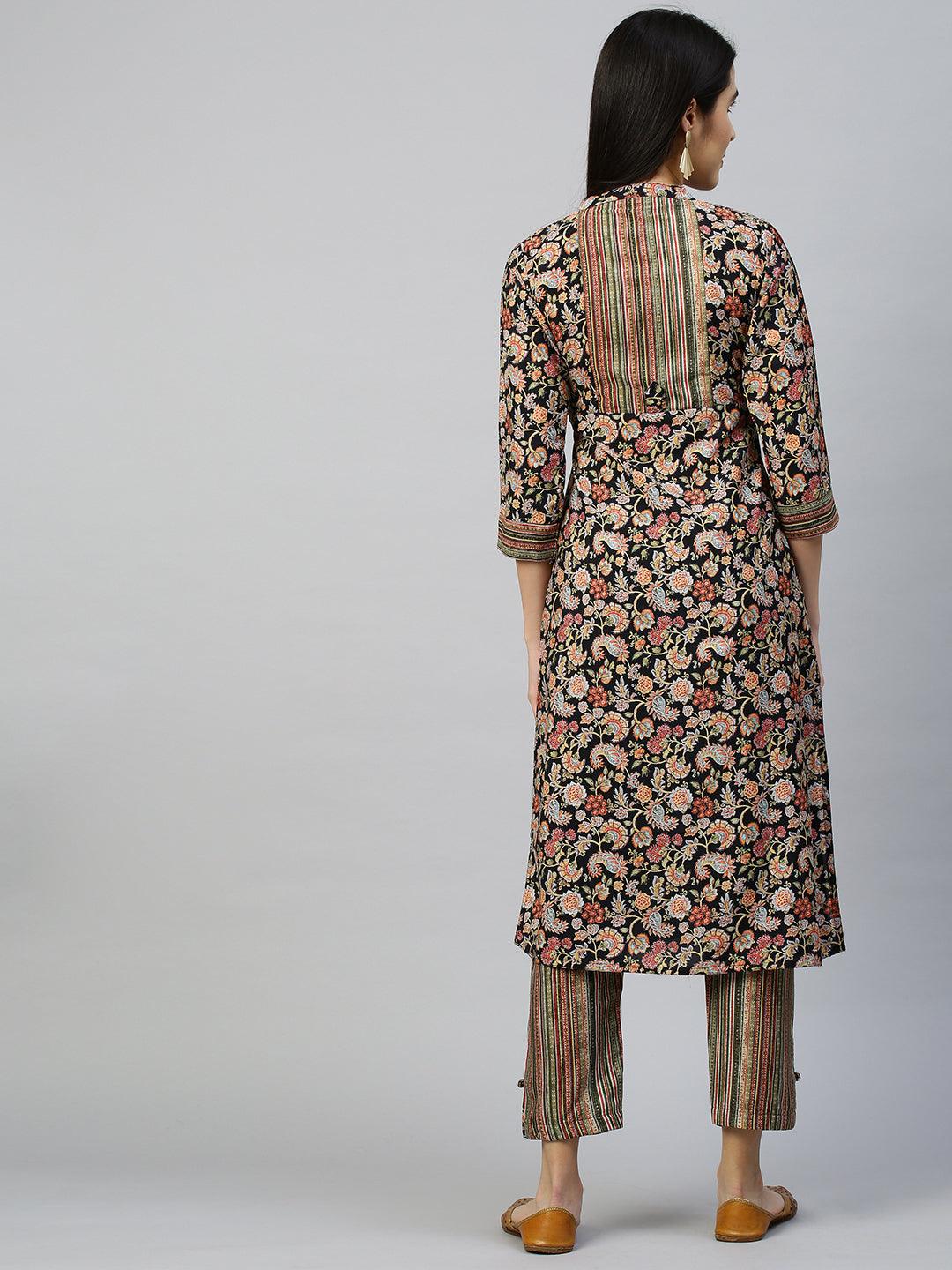 Jacobean Floral Printed Kurta with Pant - Black - Indiakreations