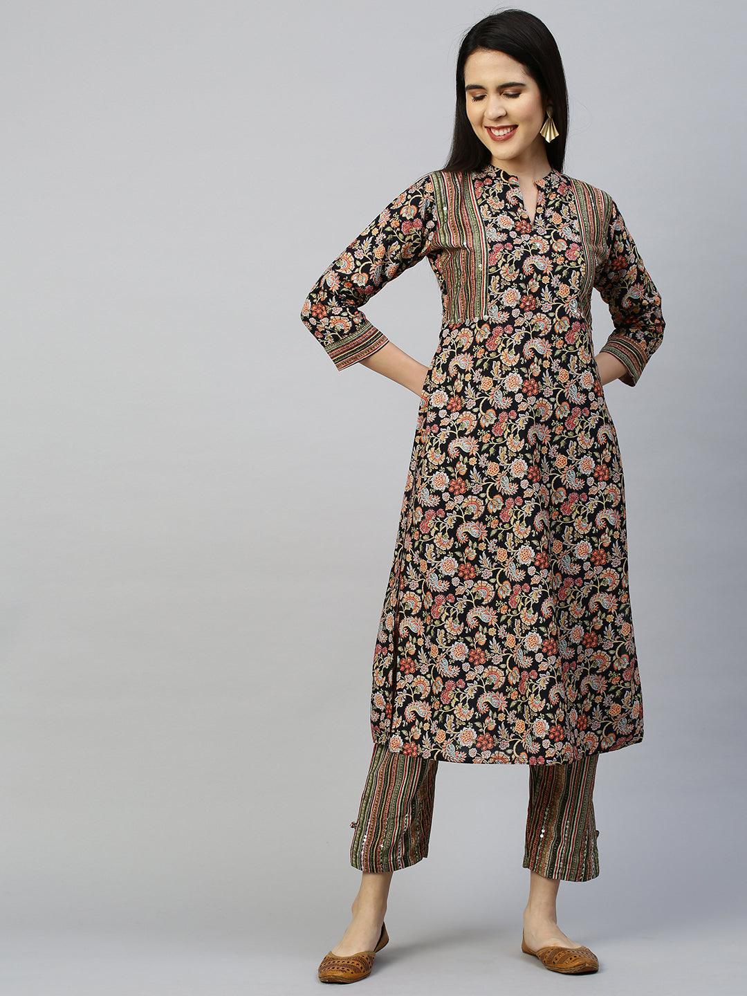 Jacobean Floral Printed Kurta with Pant - Black - Indiakreations