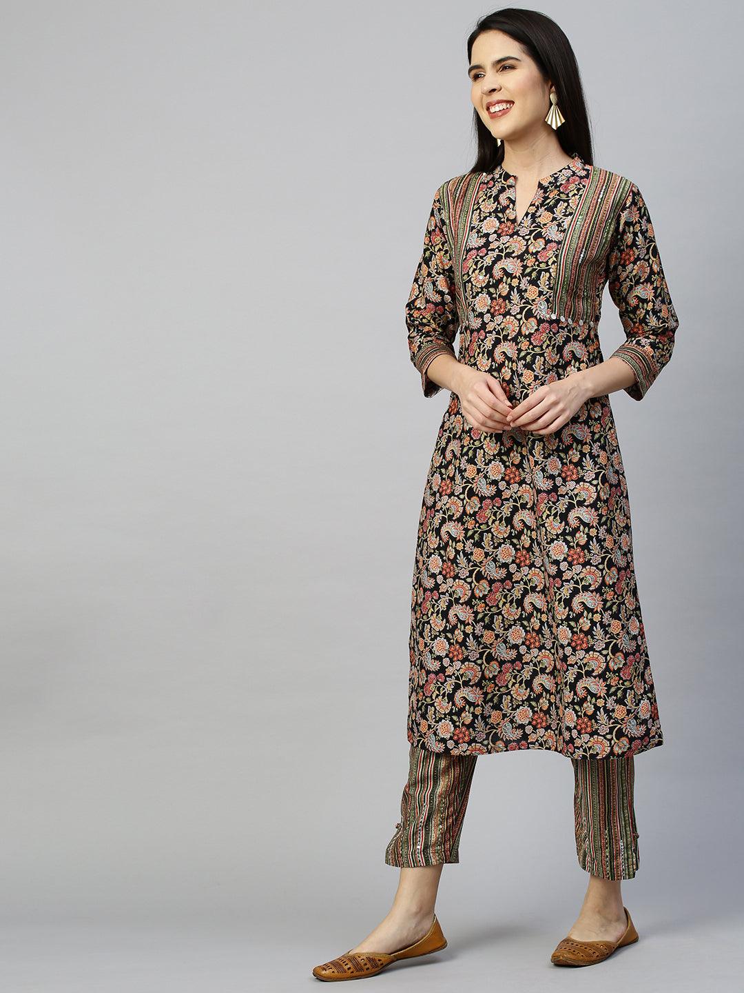 Jacobean Floral Printed Kurta with Pant - Black - Indiakreations