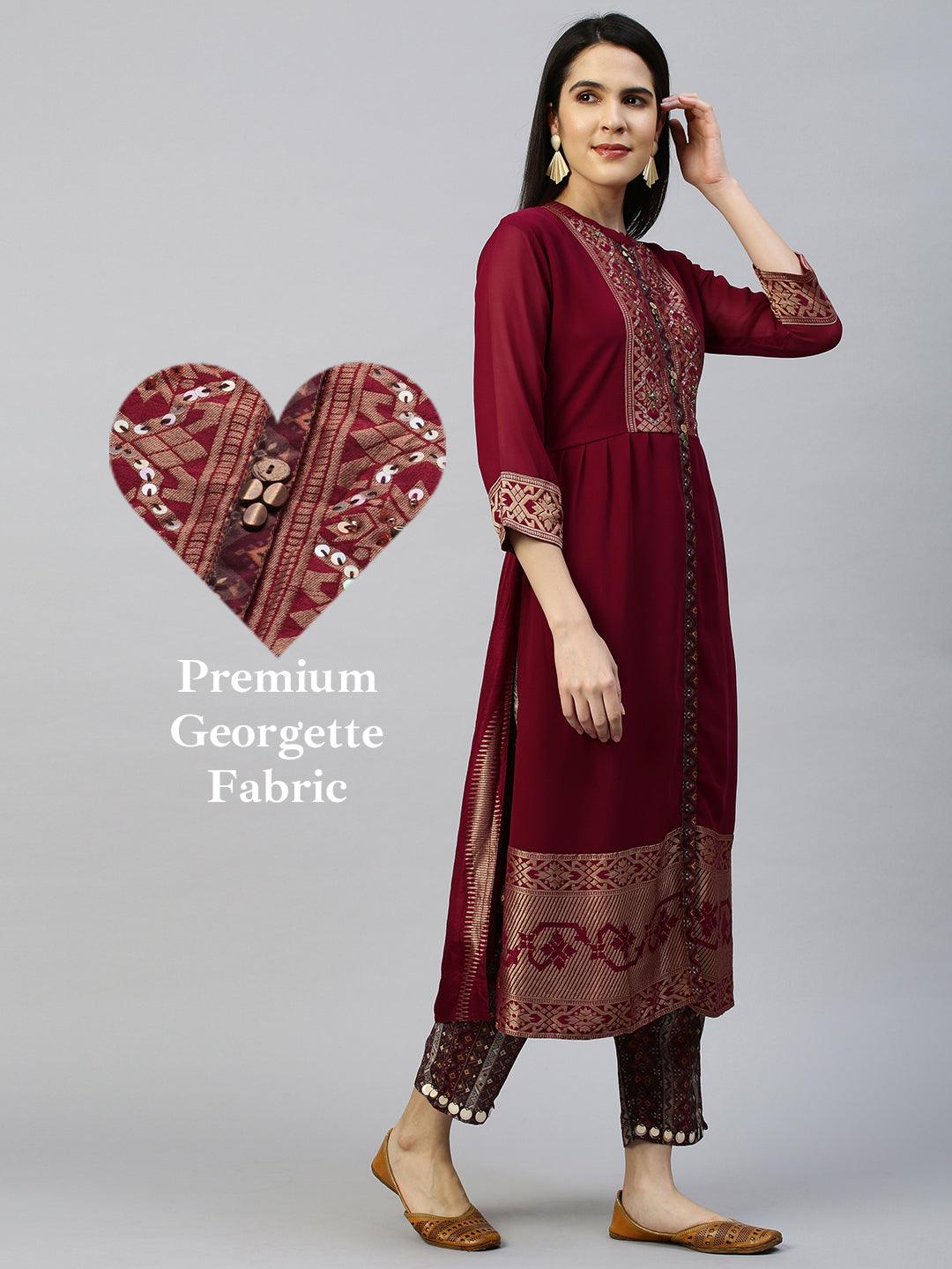 Zari Woven Kurta with Printed Pant - Rustic Red - Indiakreations