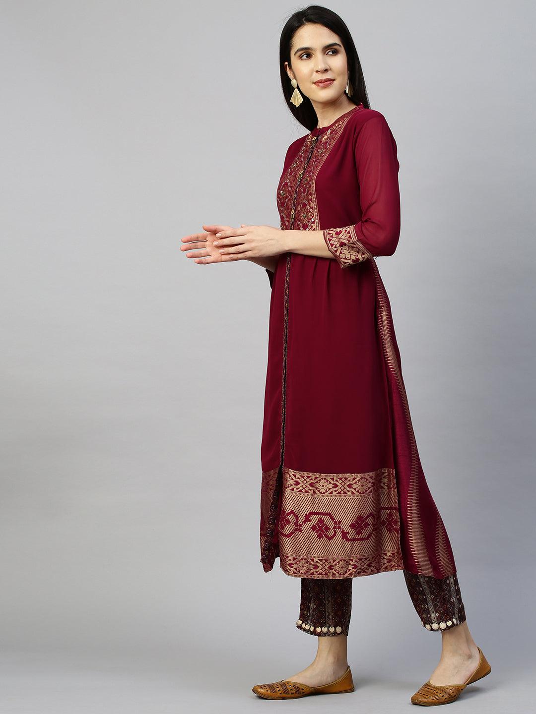 Zari Woven Kurta with Printed Pant - Rustic Red - Indiakreations