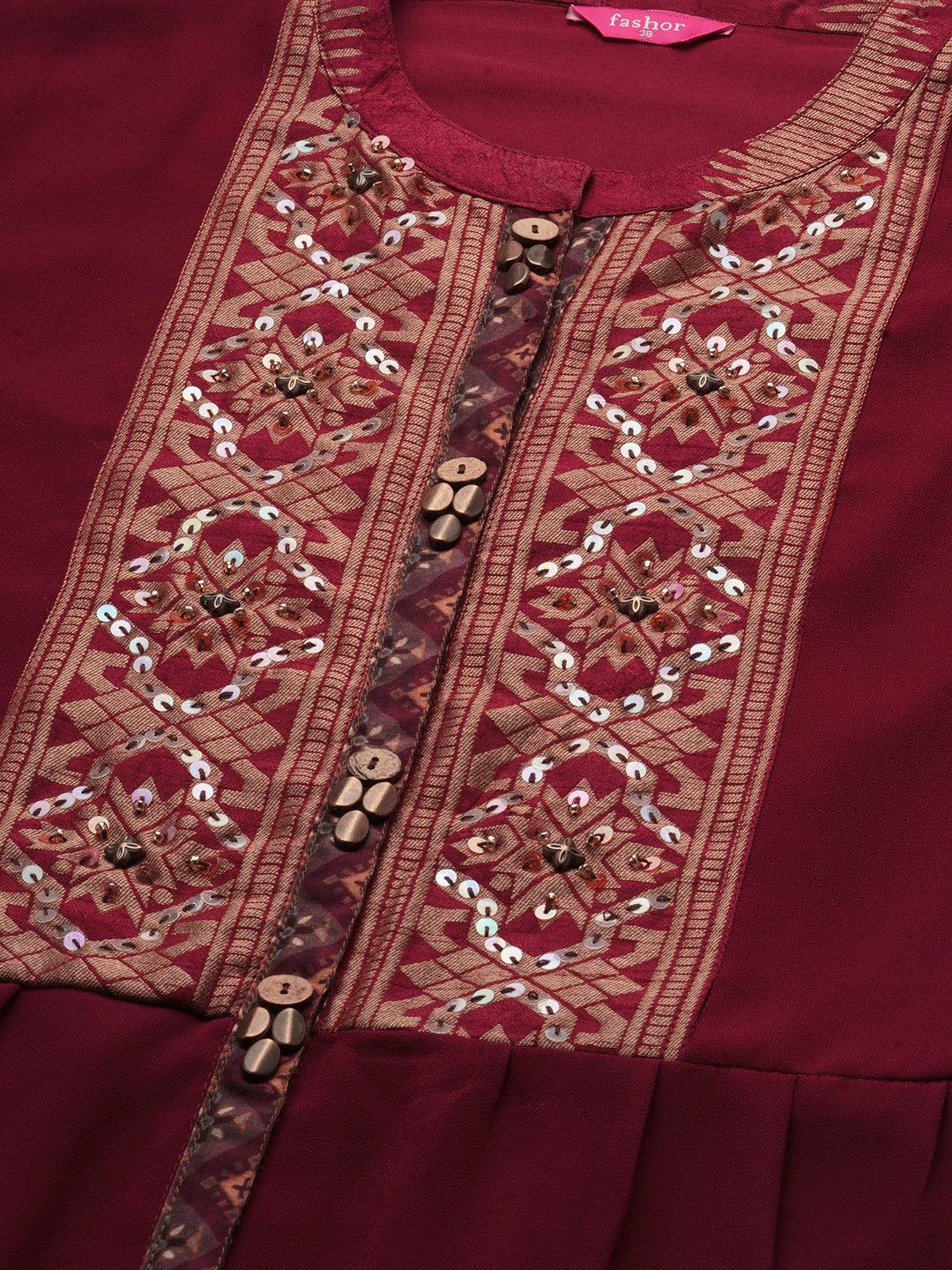 Zari Woven Kurta with Printed Pant - Rustic Red - Indiakreations