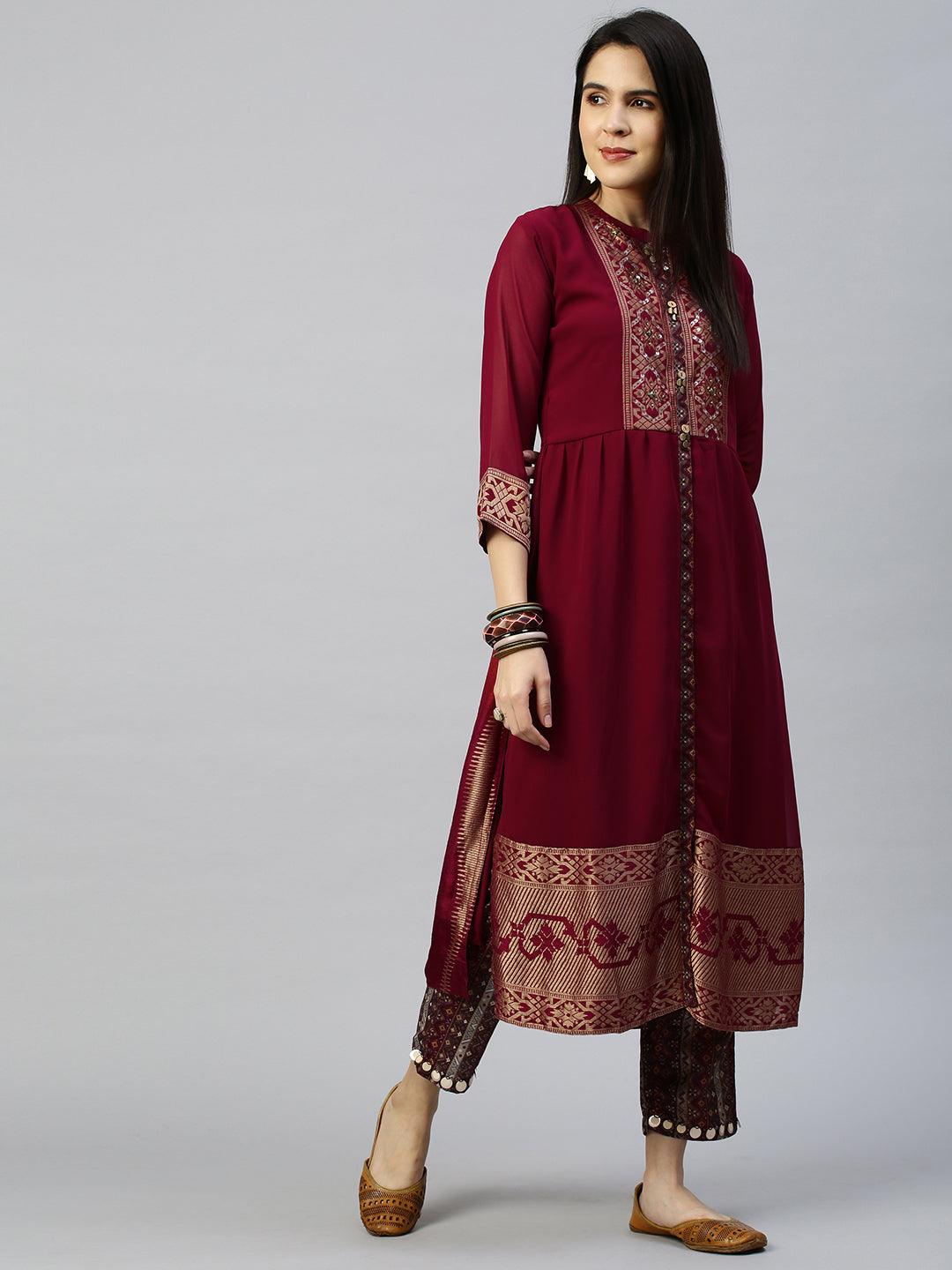 Zari Woven Kurta with Printed Pant - Rustic Red - Indiakreations