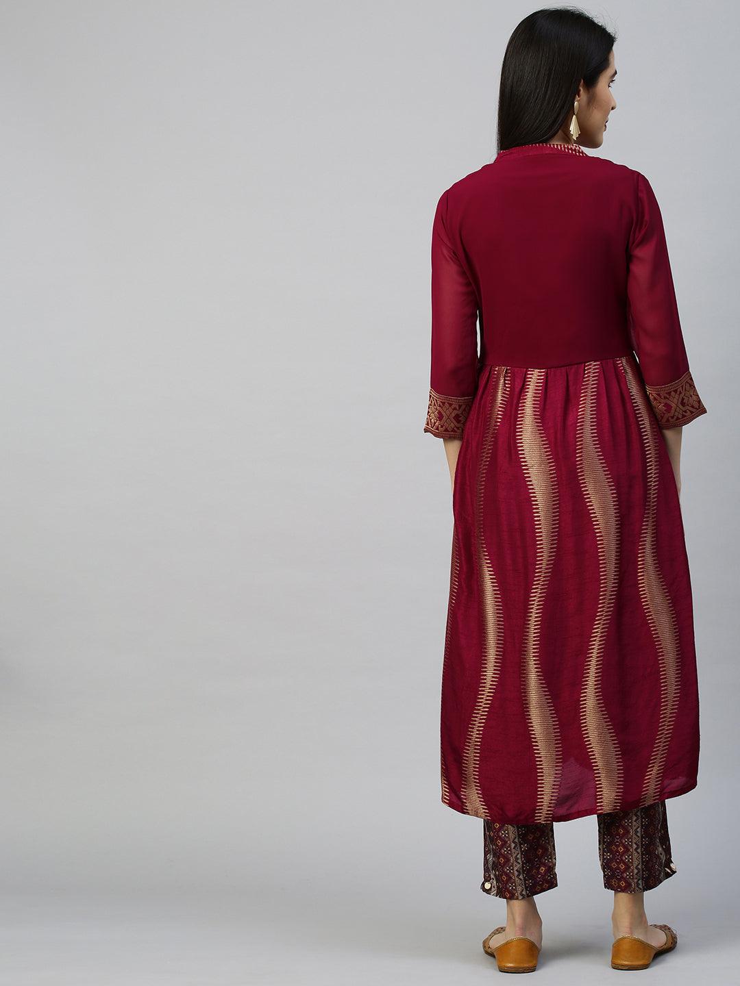 Zari Woven Kurta with Printed Pant - Rustic Red - Indiakreations