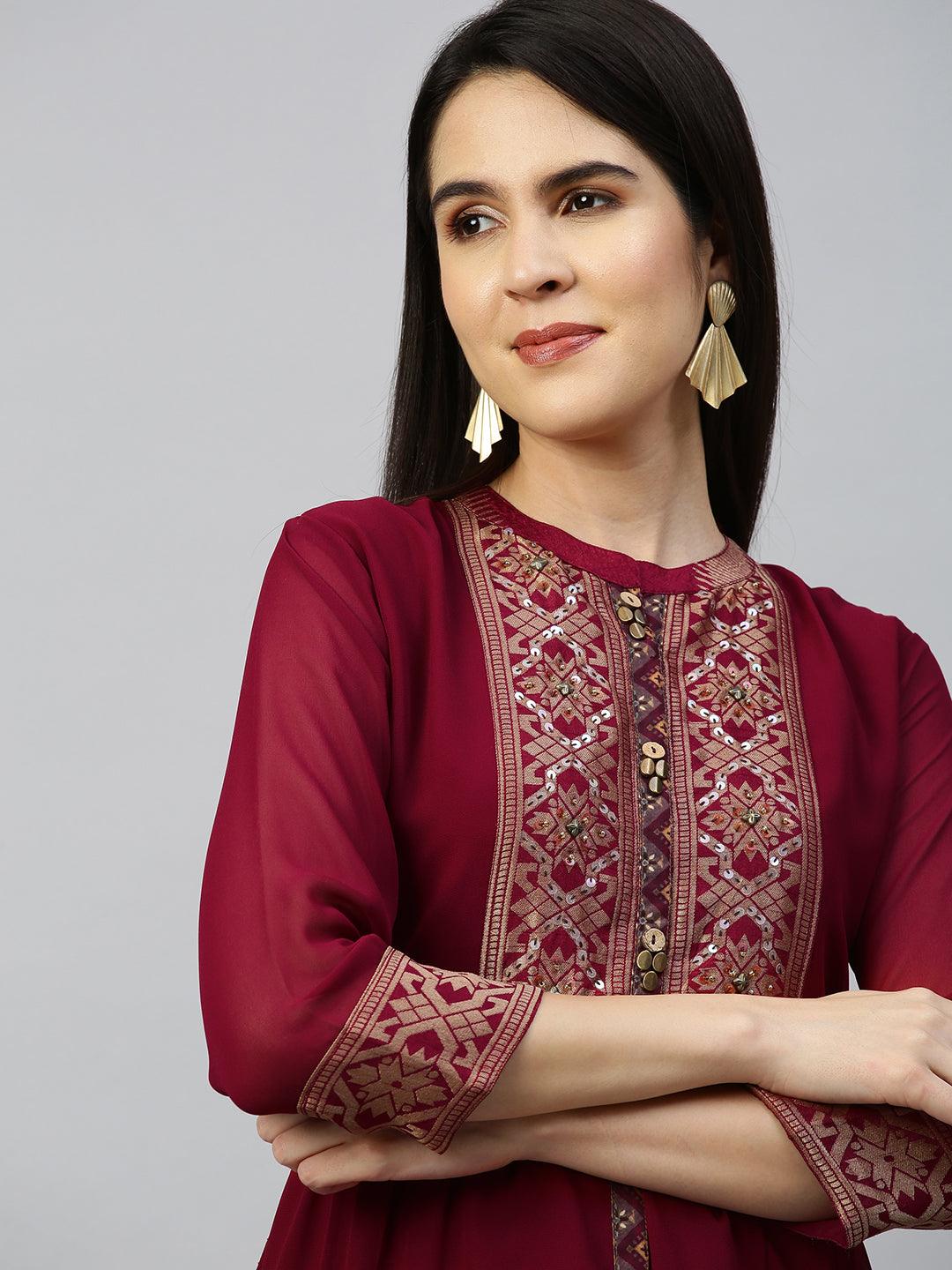 Zari Woven Kurta with Printed Pant - Rustic Red - Indiakreations