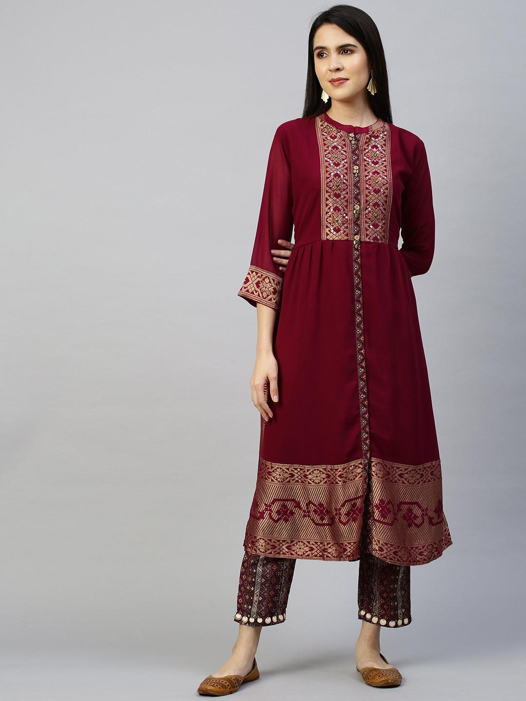 Zari Woven Kurta with Printed Pant - Rustic Red - Indiakreations