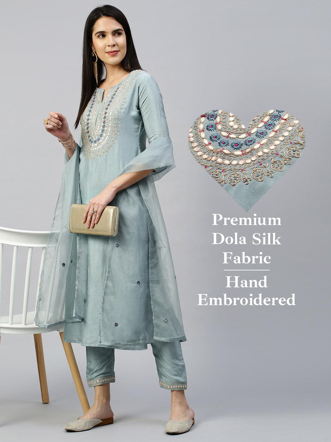 Ethnic Embroidered Kurta with Pant with Dupatta - Dusty Blue - Indiakreations