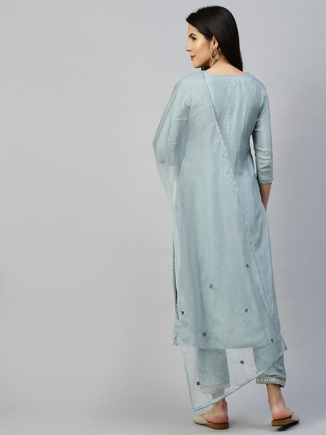 Ethnic Embroidered Kurta with Pant with Dupatta - Dusty Blue - Indiakreations