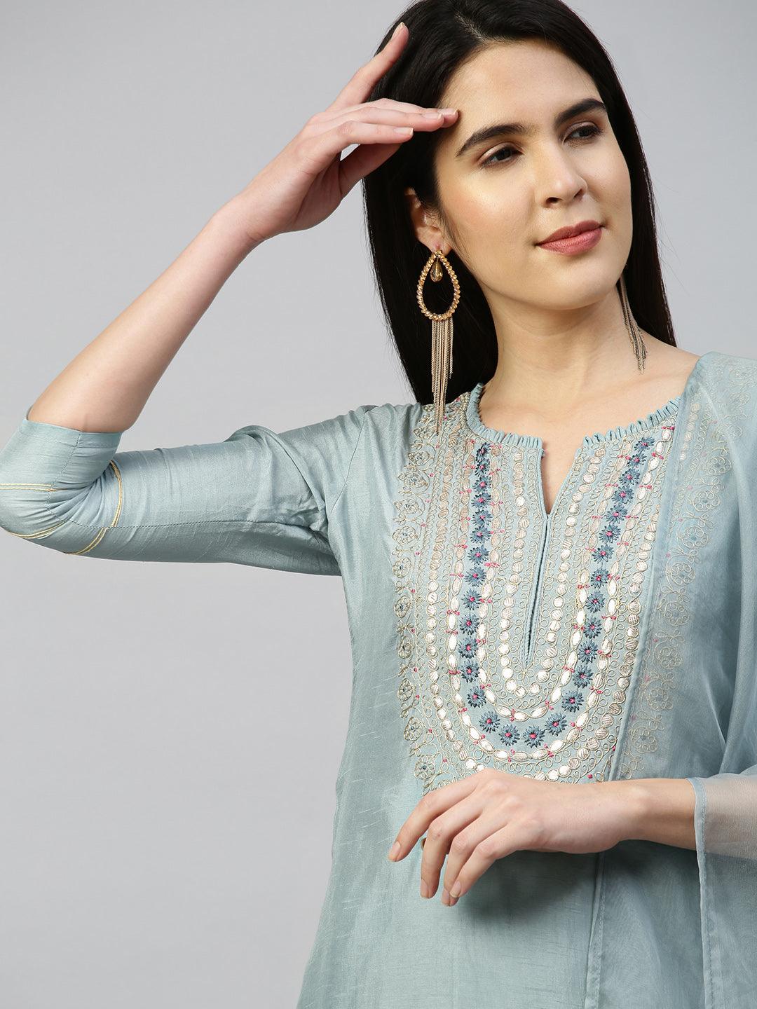 Ethnic Embroidered Kurta with Pant with Dupatta - Dusty Blue - Indiakreations