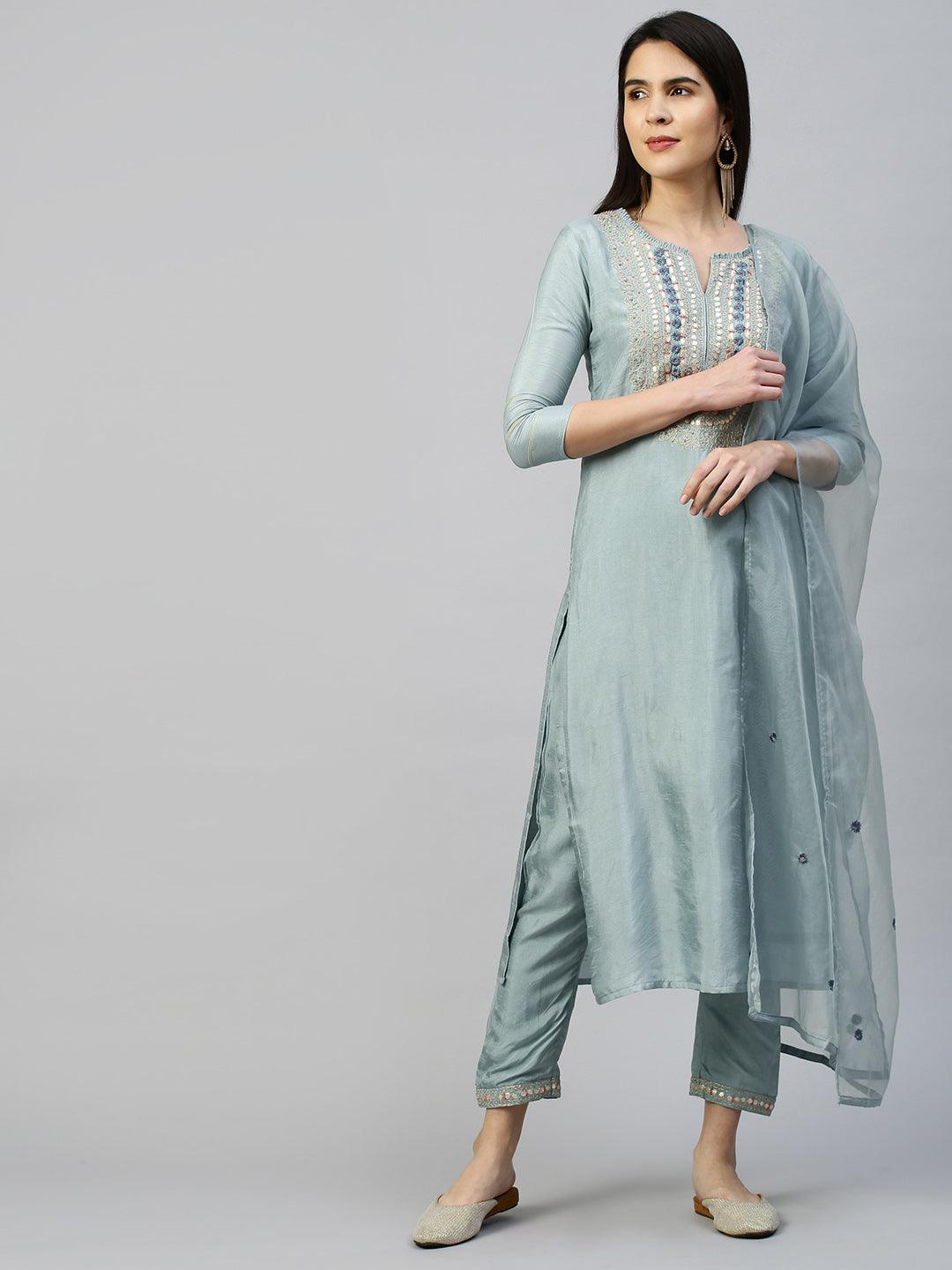 Ethnic Embroidered Kurta with Pant with Dupatta - Dusty Blue - Indiakreations