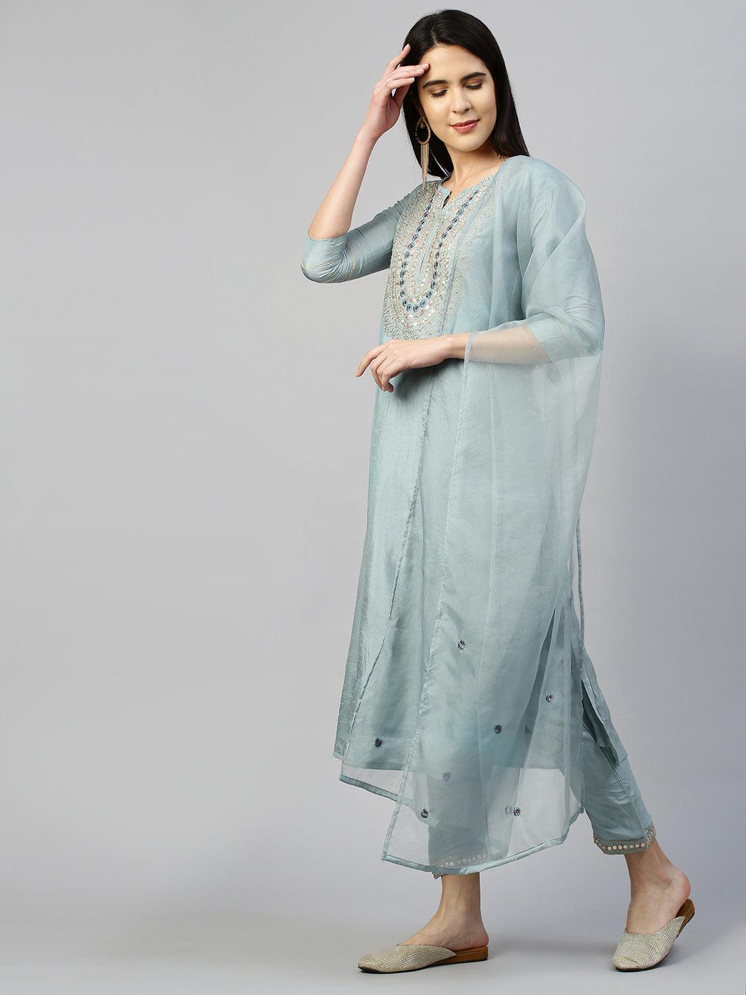 Ethnic Embroidered Kurta with Pant with Dupatta - Dusty Blue - Indiakreations