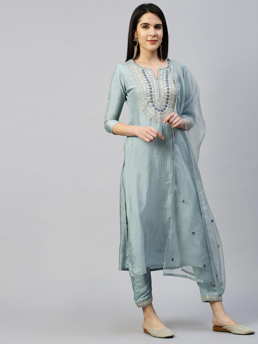 Ethnic Embroidered Kurta with Pant with Dupatta - Dusty Blue - Indiakreations