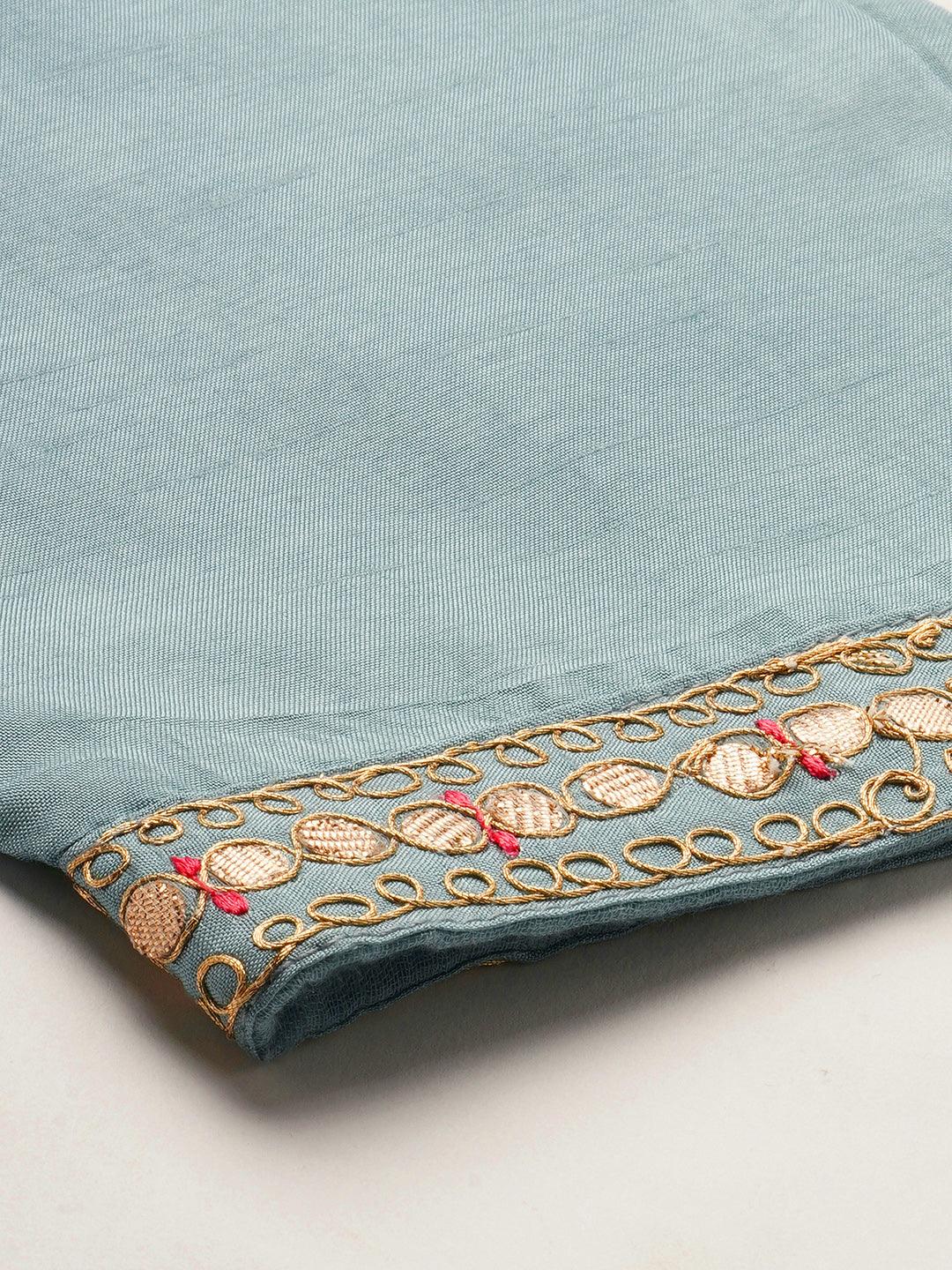 Ethnic Embroidered Kurta with Pant with Dupatta - Dusty Blue - Indiakreations