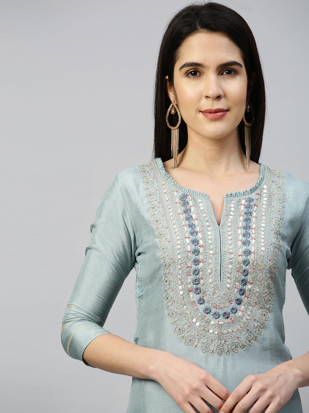 Ethnic Embroidered Kurta with Pant with Dupatta - Dusty Blue - Indiakreations