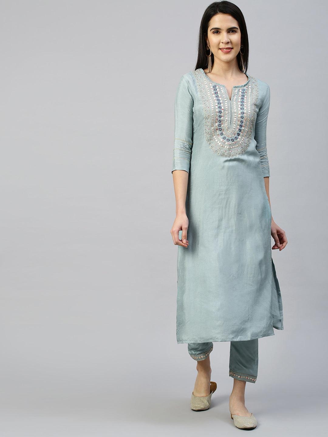 Ethnic Embroidered Kurta with Pant with Dupatta - Dusty Blue - Indiakreations