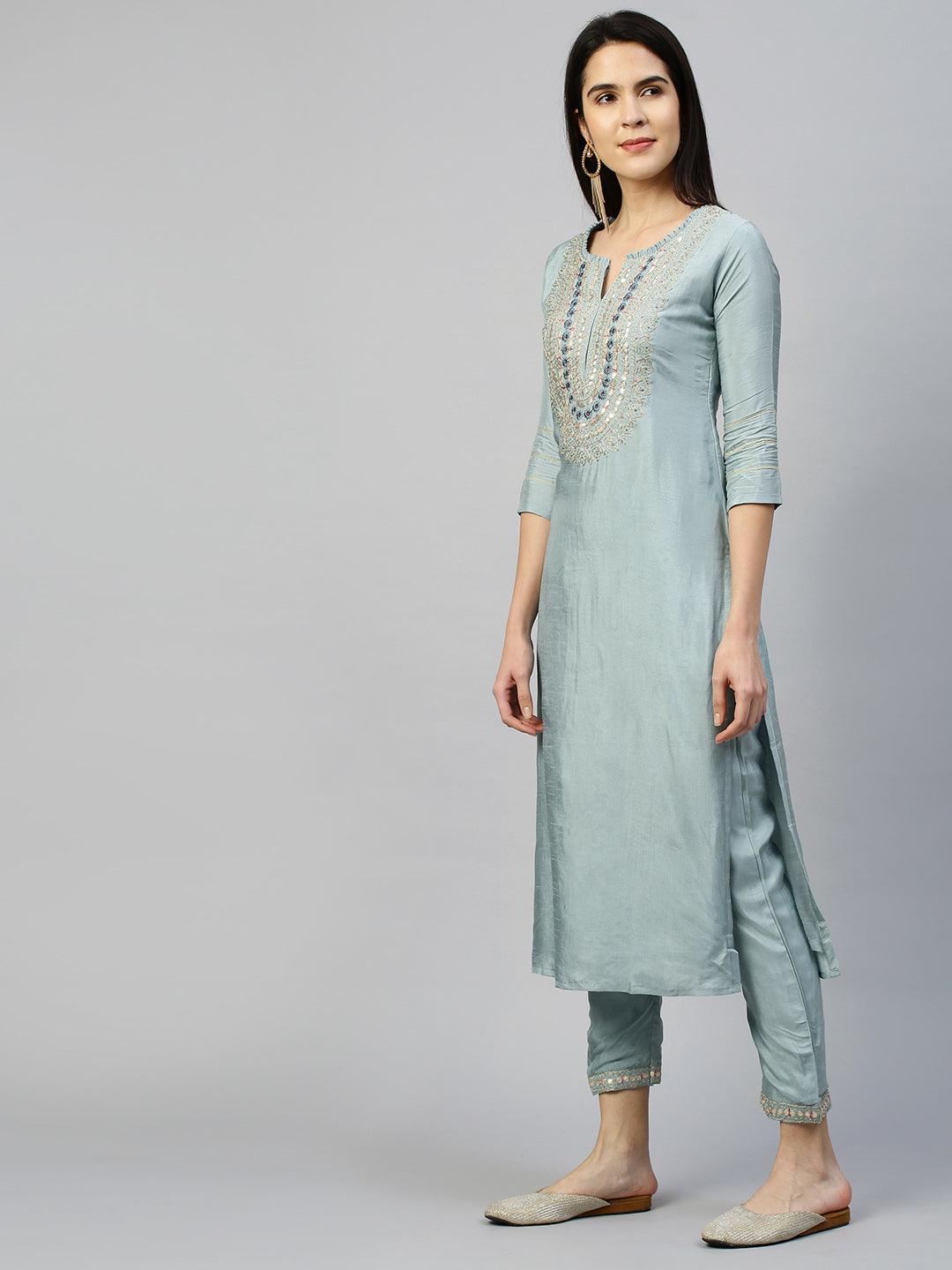 Ethnic Embroidered Kurta with Pant with Dupatta - Dusty Blue - Indiakreations