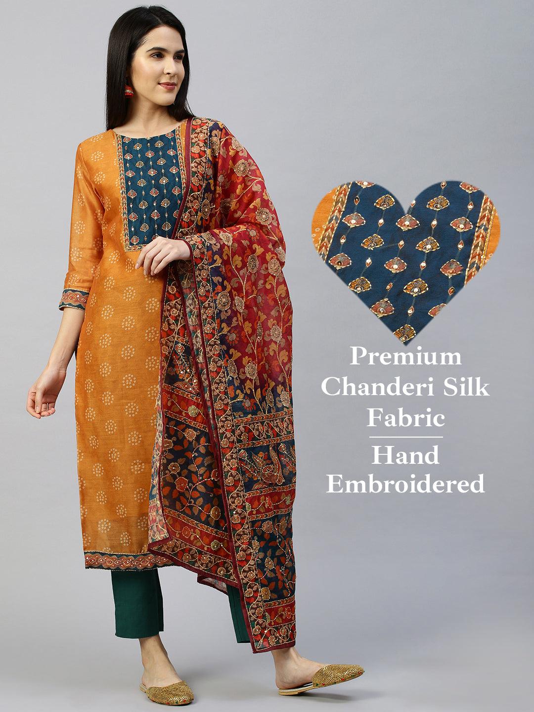 Kantha Embroidered Kurta with Printed Dupatta - Ochre Yellow - Indiakreations