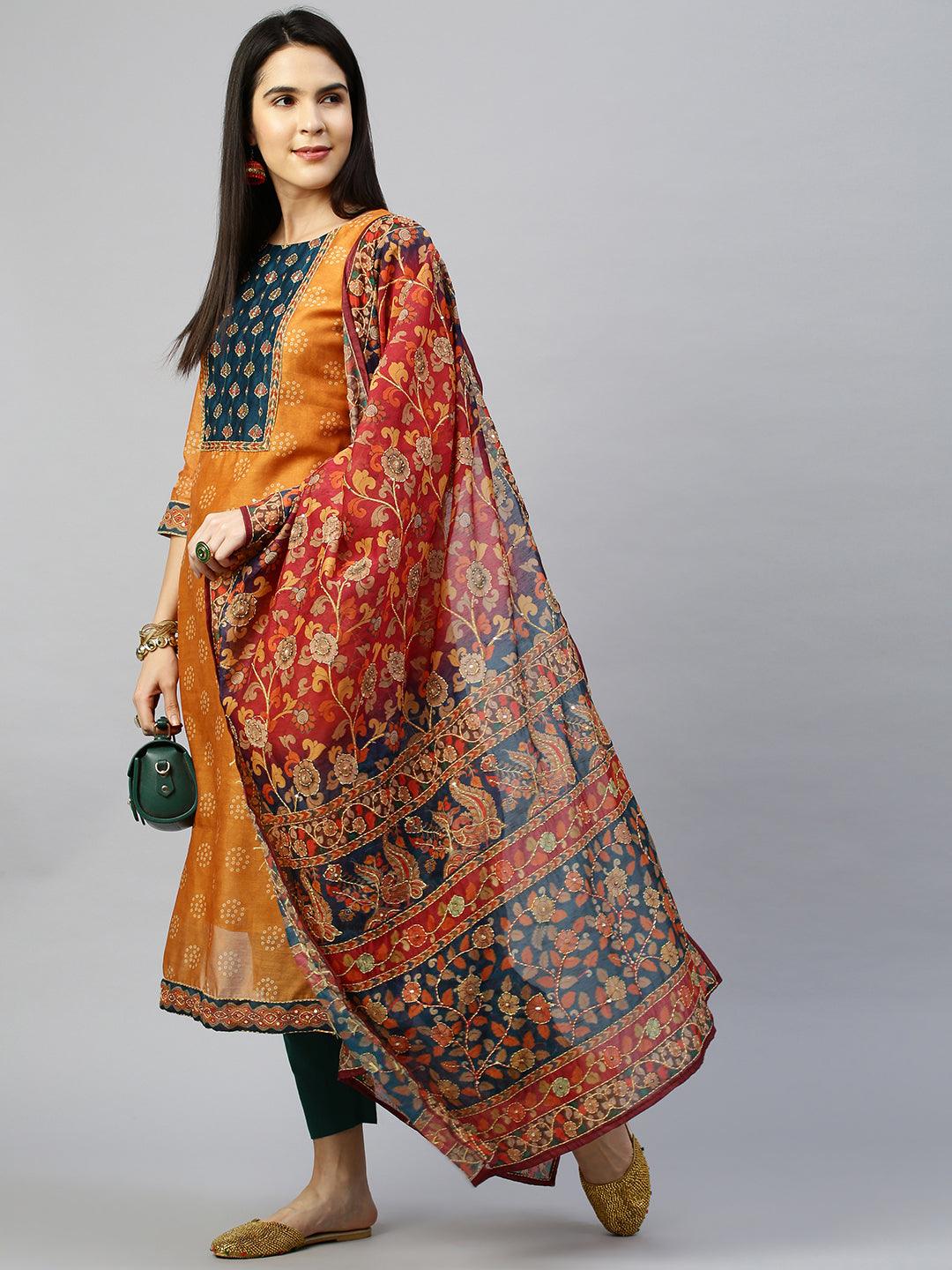 Kantha Embroidered Kurta with Printed Dupatta - Ochre Yellow - Indiakreations