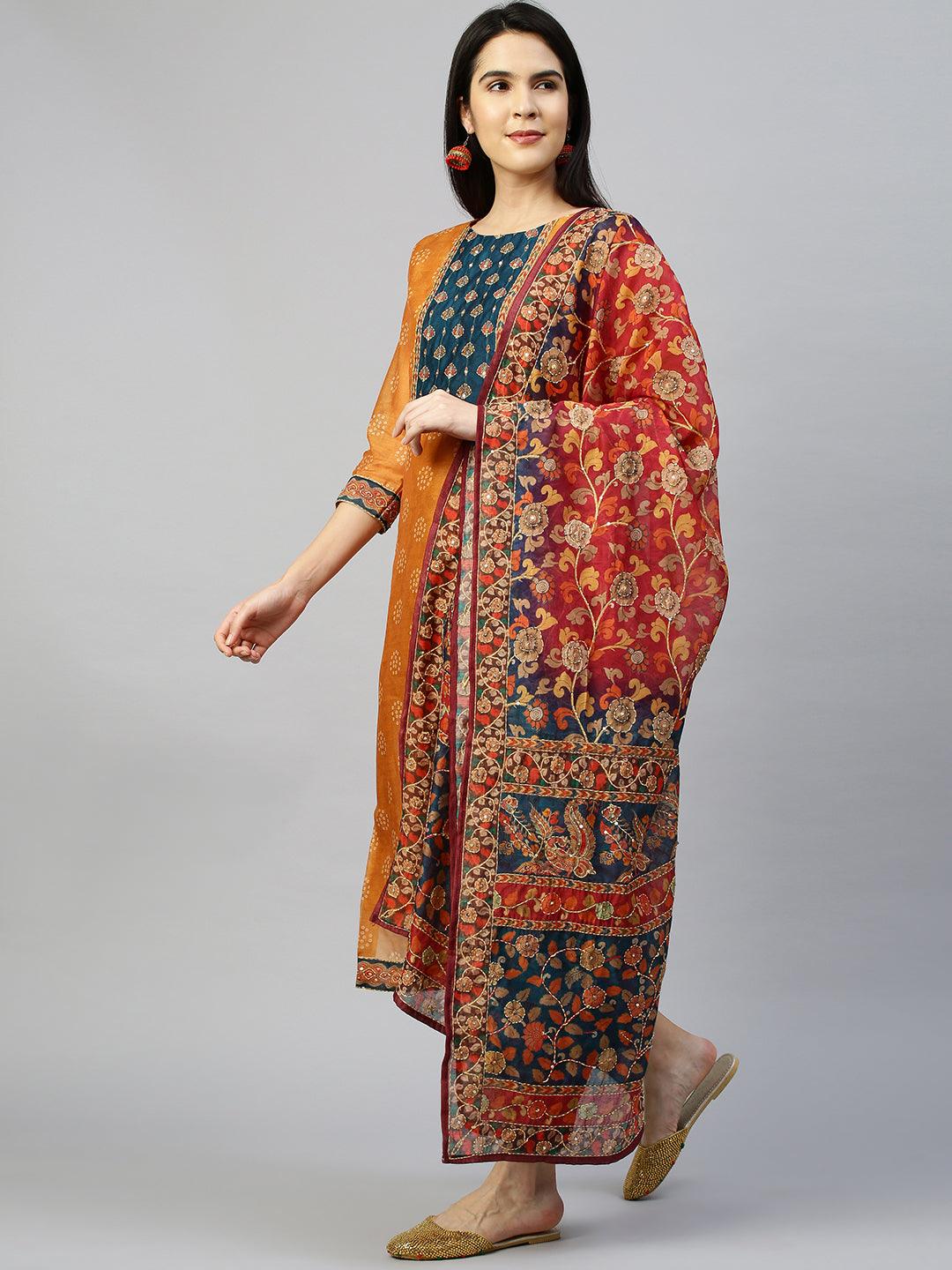 Kantha Embroidered Kurta with Printed Dupatta - Ochre Yellow - Indiakreations