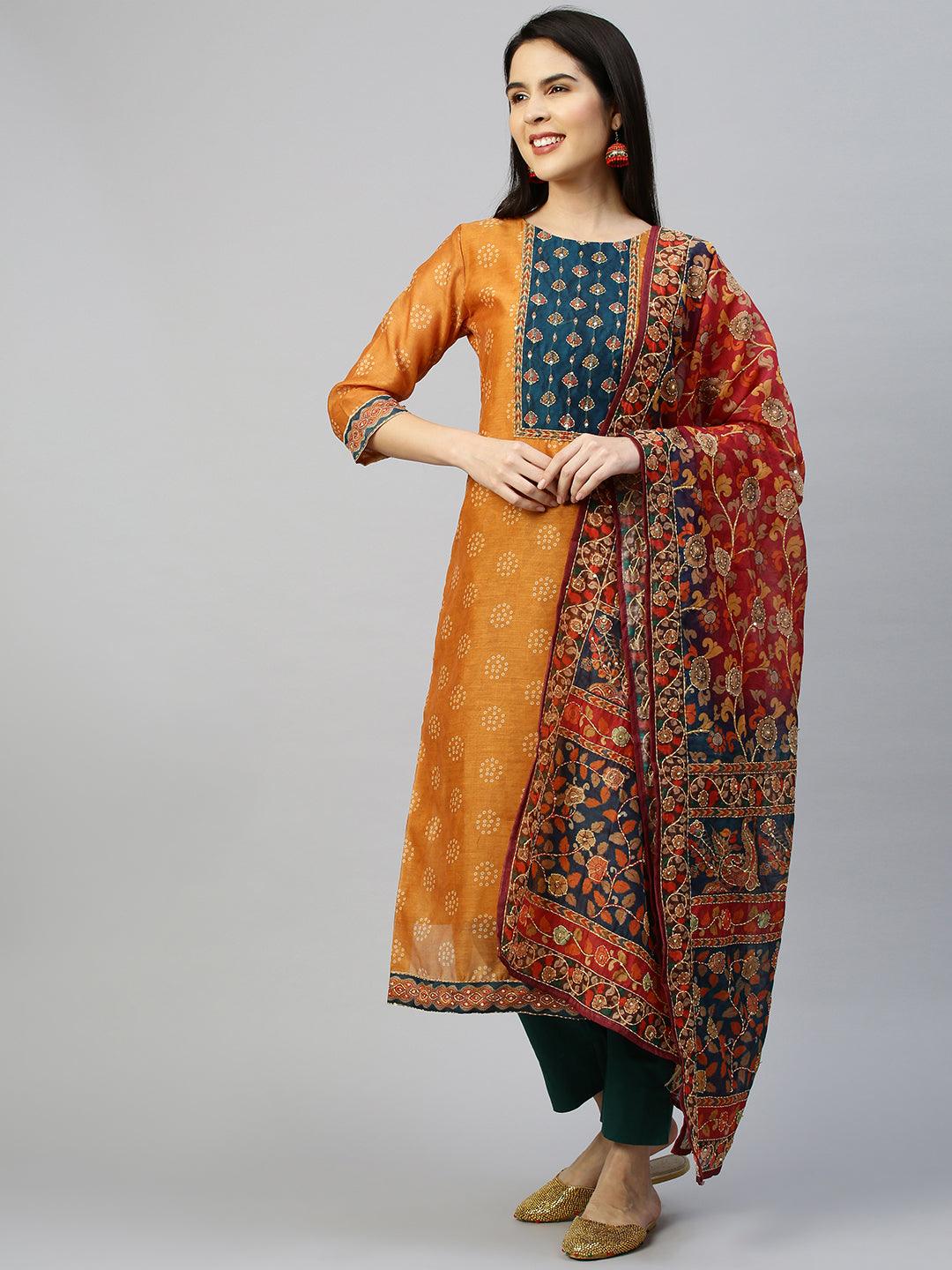 Kantha Embroidered Kurta with Printed Dupatta - Ochre Yellow - Indiakreations