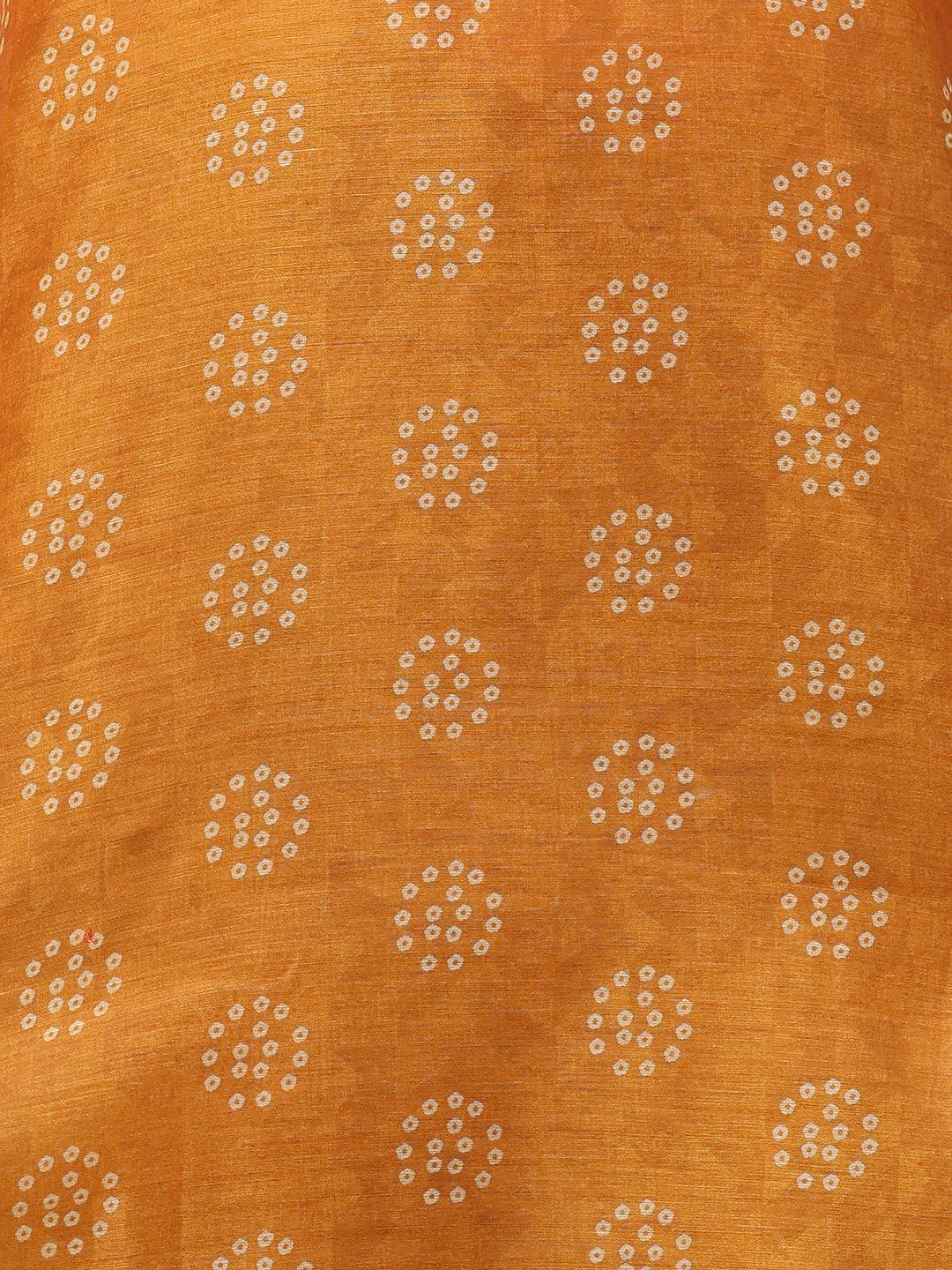 Kantha Embroidered Kurta with Printed Dupatta - Ochre Yellow - Indiakreations