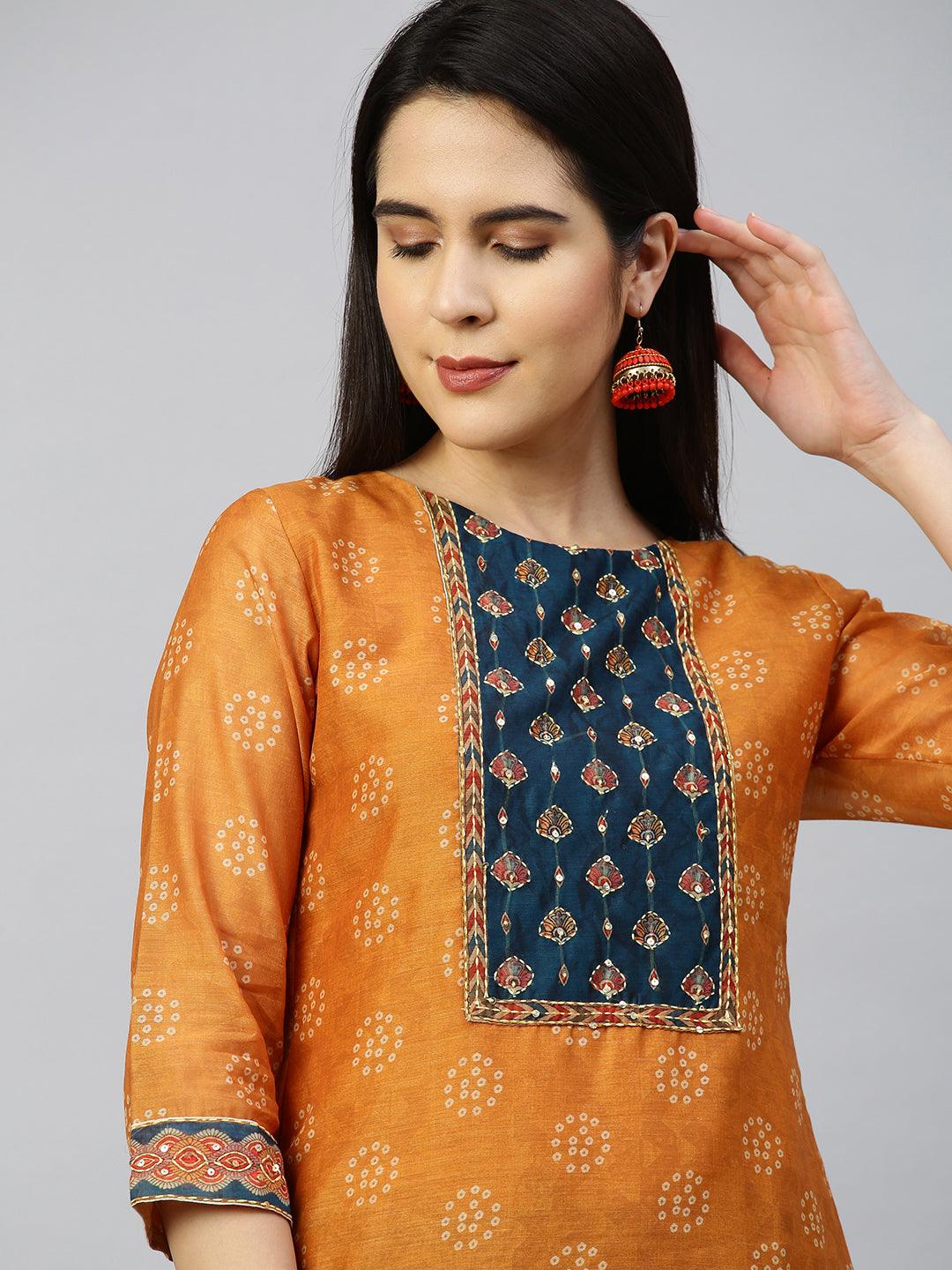 Kantha Embroidered Kurta with Printed Dupatta - Ochre Yellow - Indiakreations