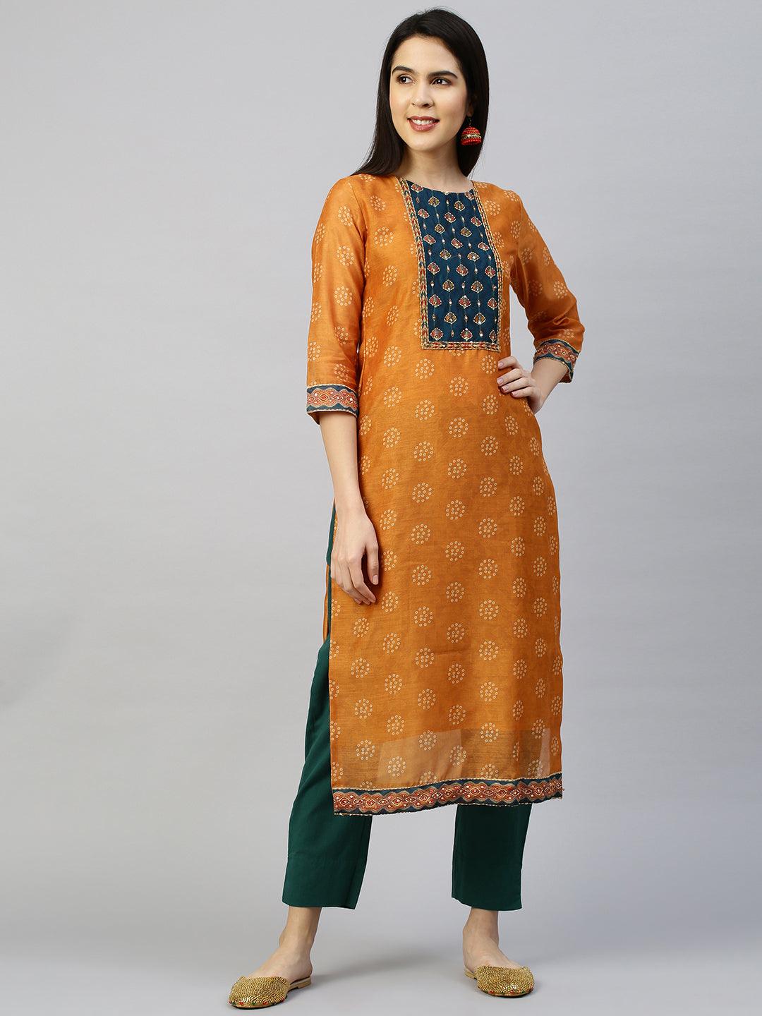 Kantha Embroidered Kurta with Printed Dupatta - Ochre Yellow - Indiakreations