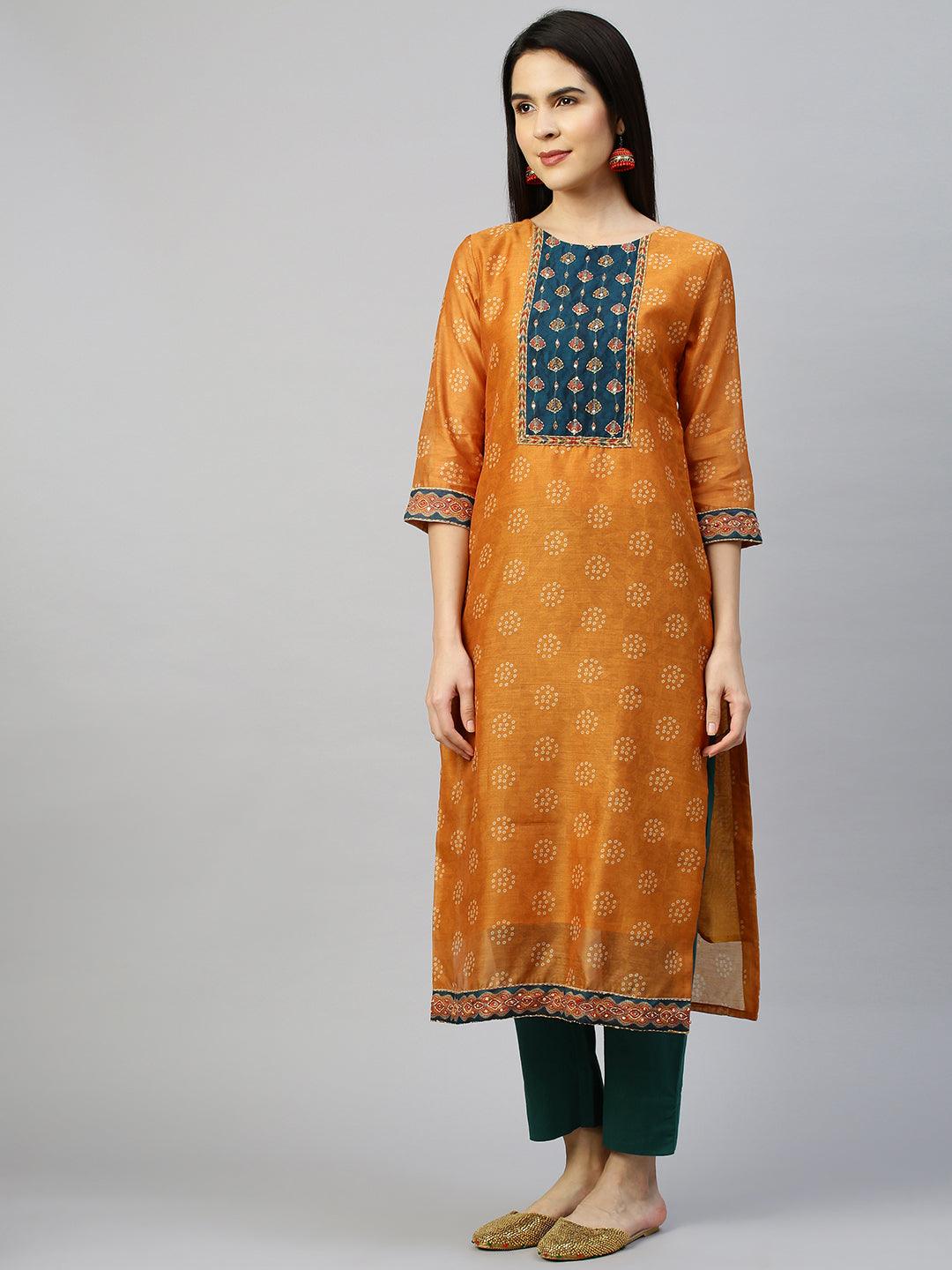 Kantha Embroidered Kurta with Printed Dupatta - Ochre Yellow - Indiakreations