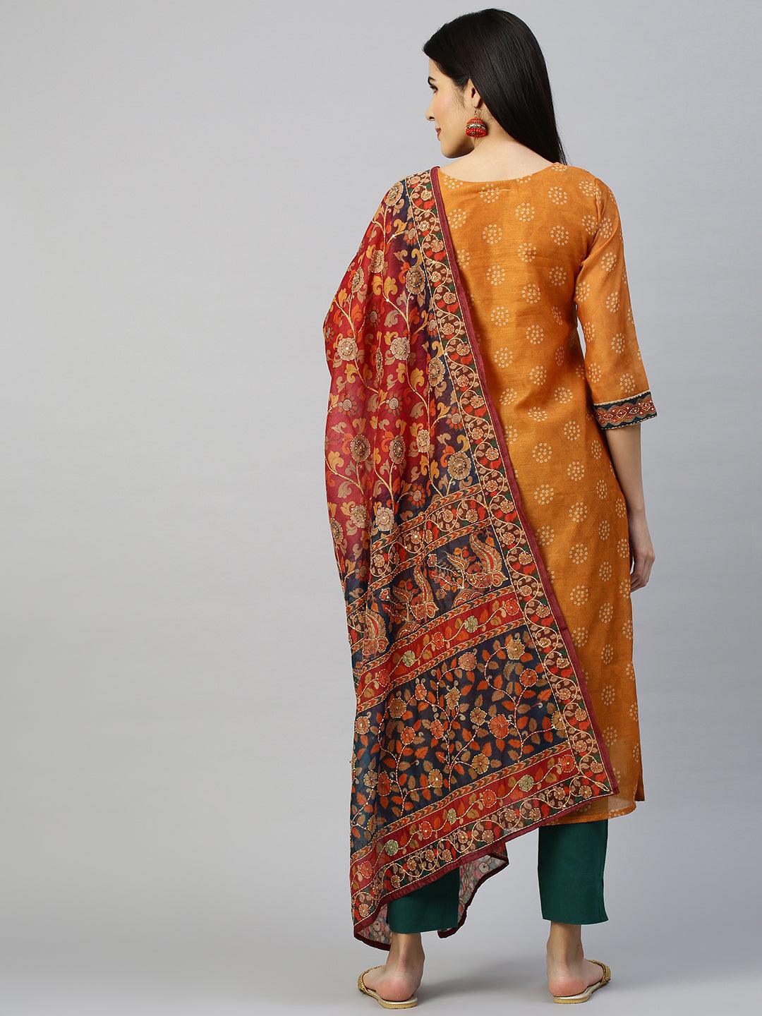 Kantha Embroidered Kurta with Printed Dupatta - Ochre Yellow - Indiakreations