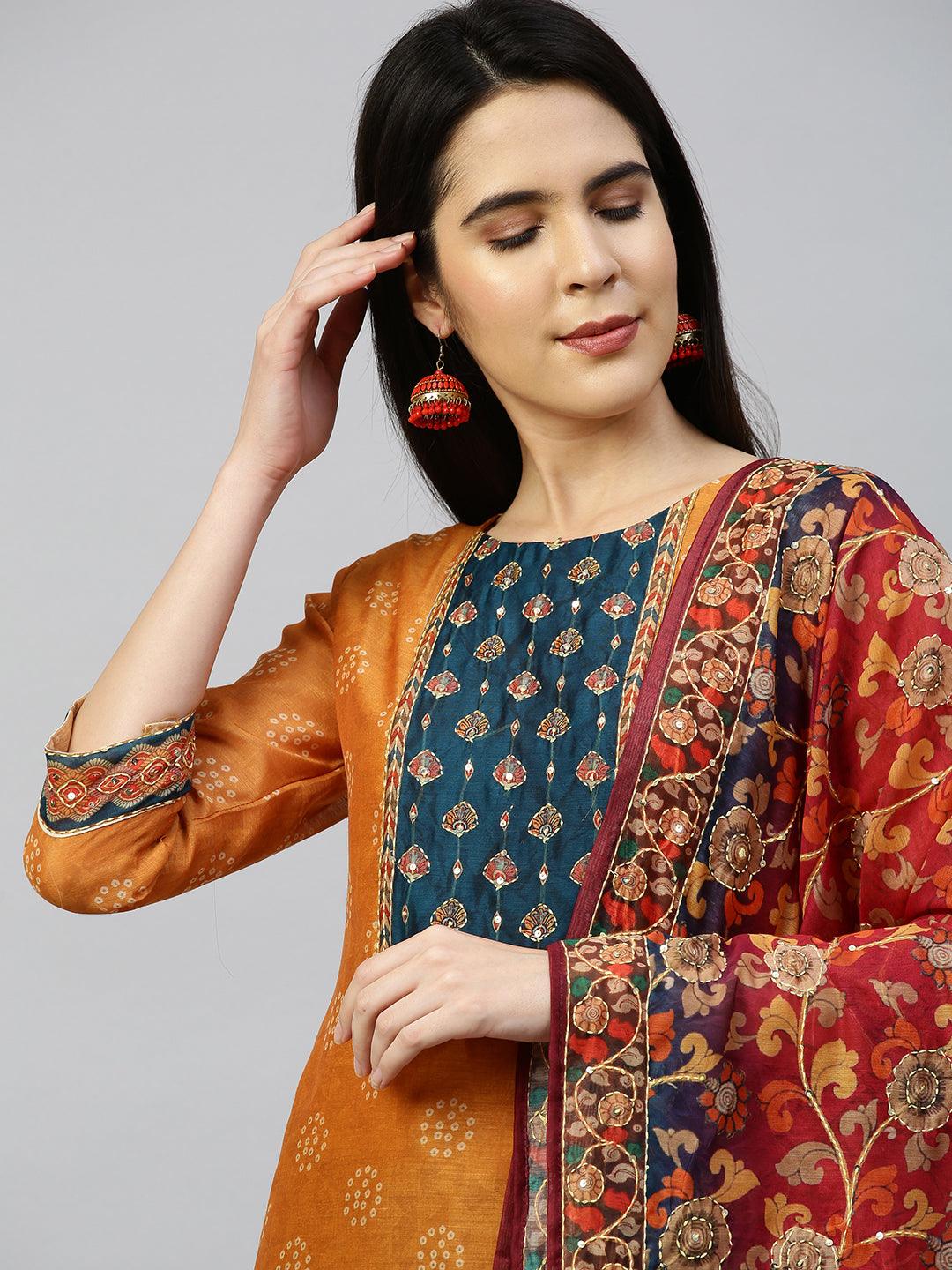 Kantha Embroidered Kurta with Printed Dupatta - Ochre Yellow - Indiakreations