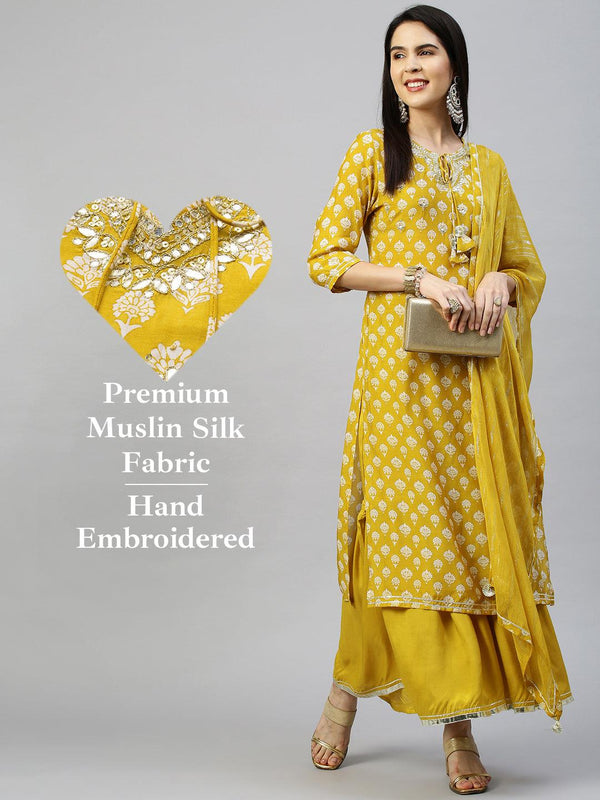 Floral Printed & Embroidered Kurta & Sharara with Lurex Dupatta - Mustard - Indiakreations