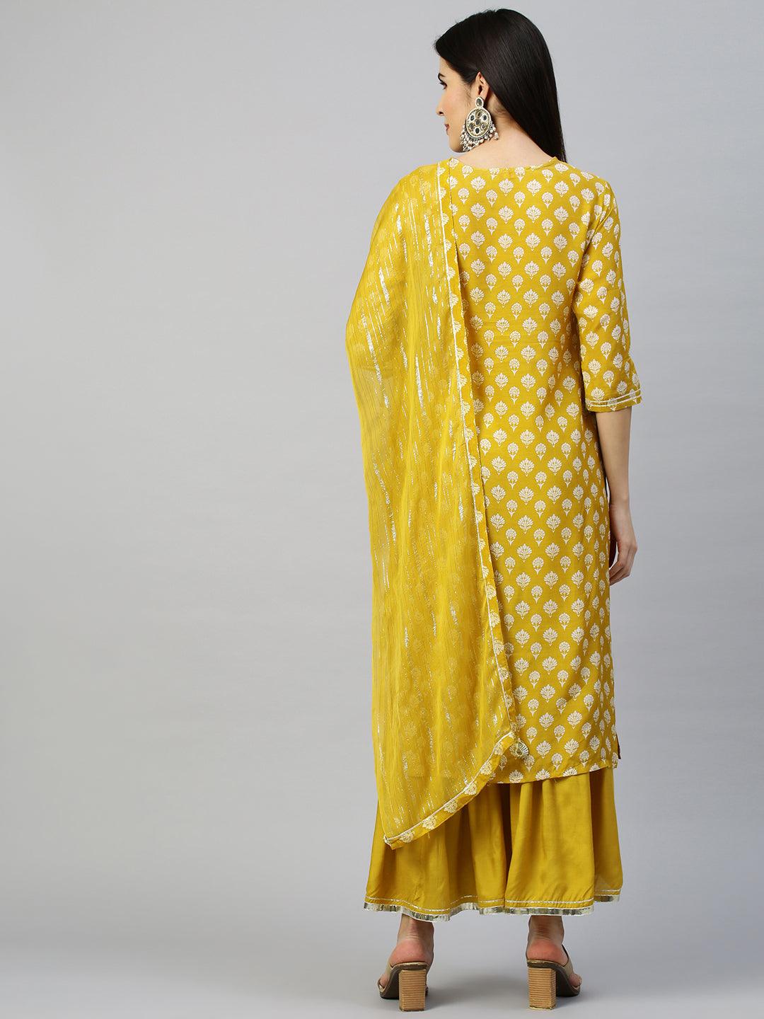 Floral Printed & Embroidered Kurta & Sharara with Lurex Dupatta - Mustard - Indiakreations