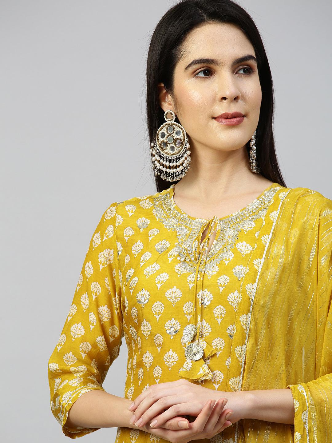 Floral Printed & Embroidered Kurta & Sharara with Lurex Dupatta - Mustard - Indiakreations