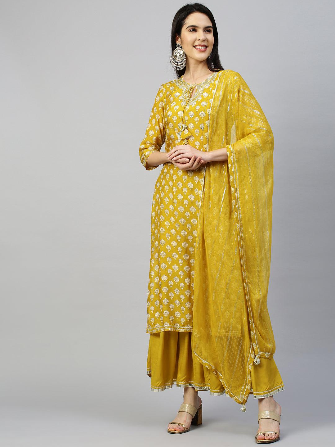 Floral Printed & Embroidered Kurta & Sharara with Lurex Dupatta - Mustard - Indiakreations