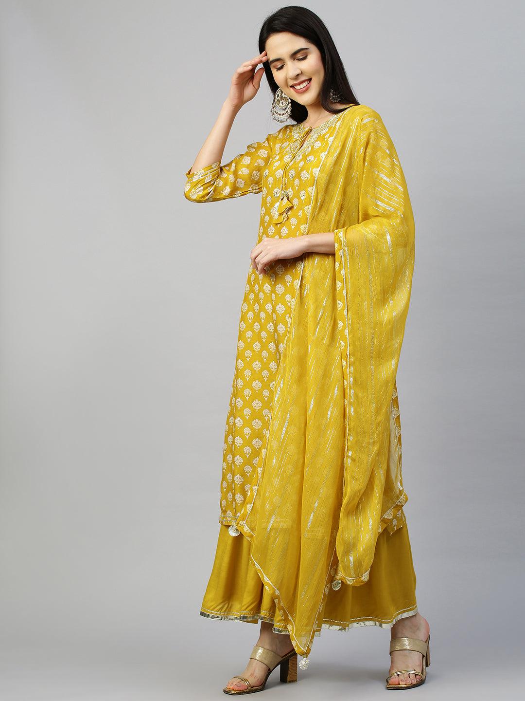 Floral Printed & Embroidered Kurta & Sharara with Lurex Dupatta - Mustard - Indiakreations