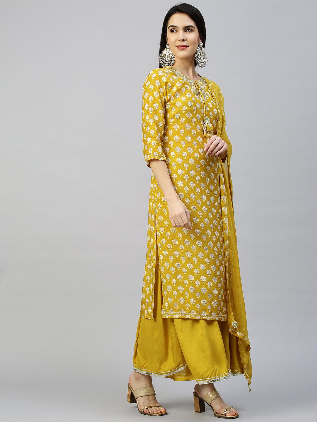 Floral Printed & Embroidered Kurta & Sharara with Lurex Dupatta - Mustard - Indiakreations