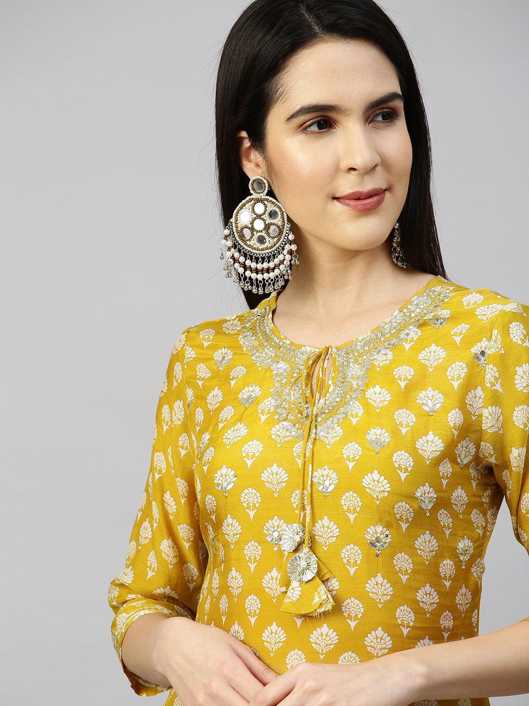 Floral Printed & Embroidered Kurta & Sharara with Lurex Dupatta - Mustard - Indiakreations